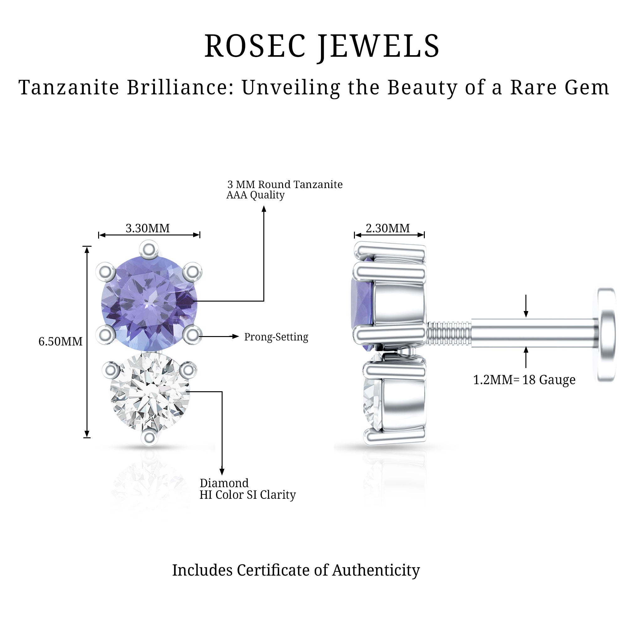 Round Cut Tanzanite Diamond Two Stone Conch Earring