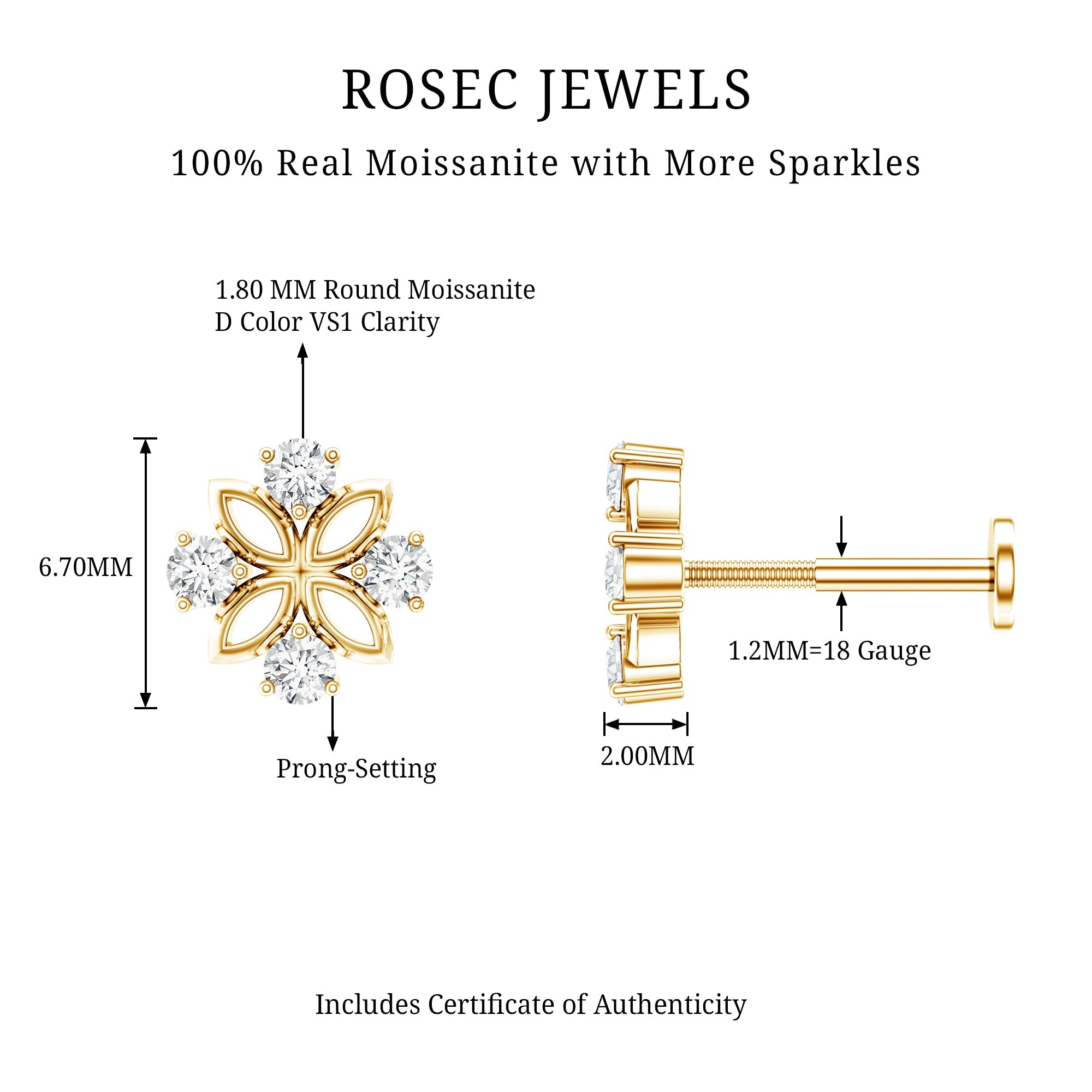 Round Moissanite Flower Earring for Cartilage Piercing