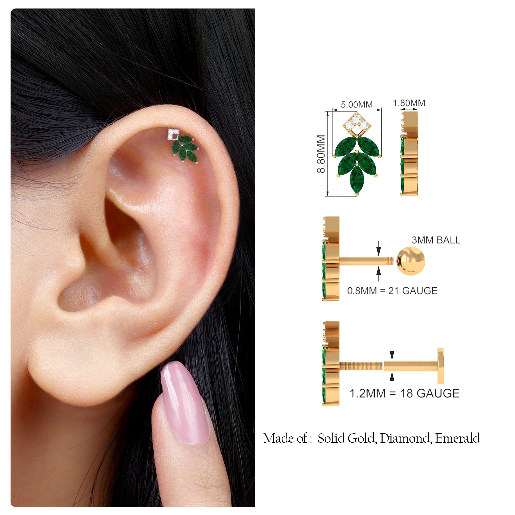 Real Emerald and Diamond Leaf Cartilage Earring