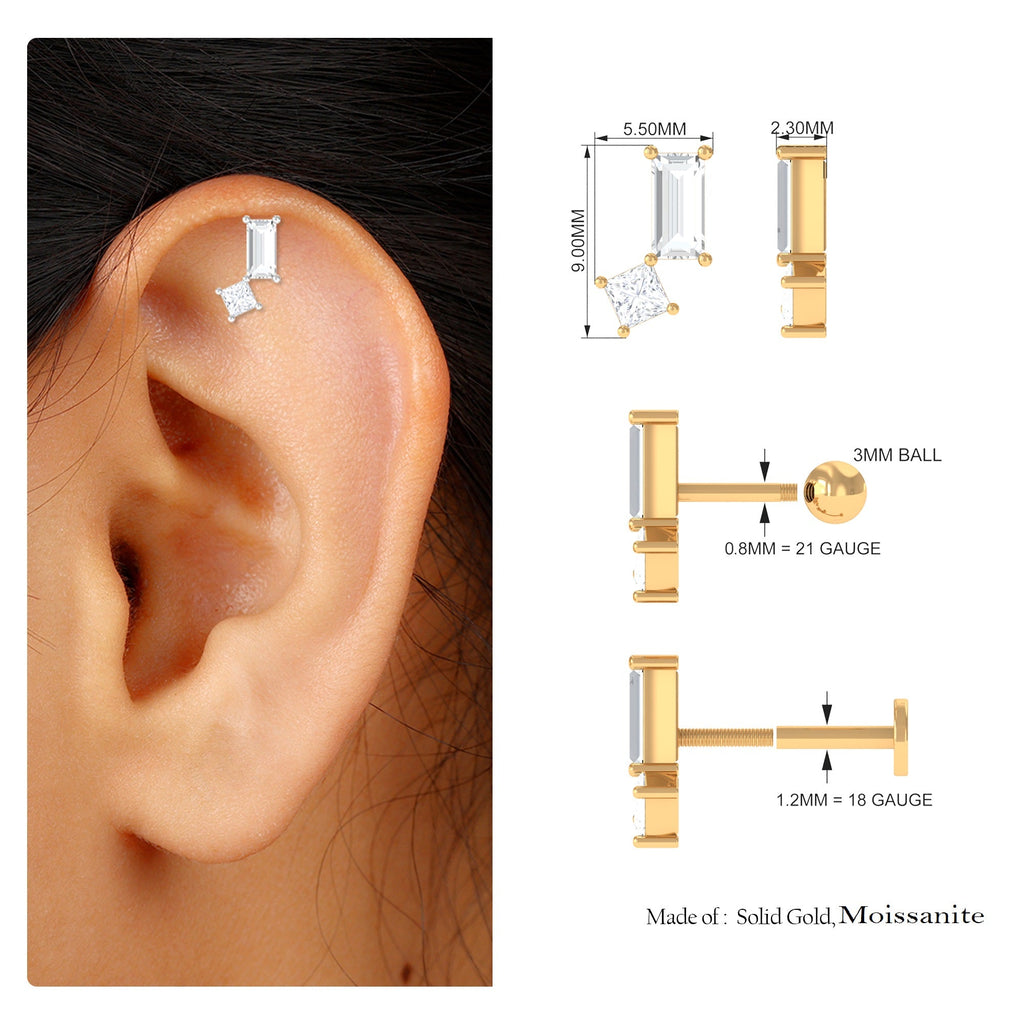 Baguette and Princess Cut Moissanite 2 Stone Helix Earring