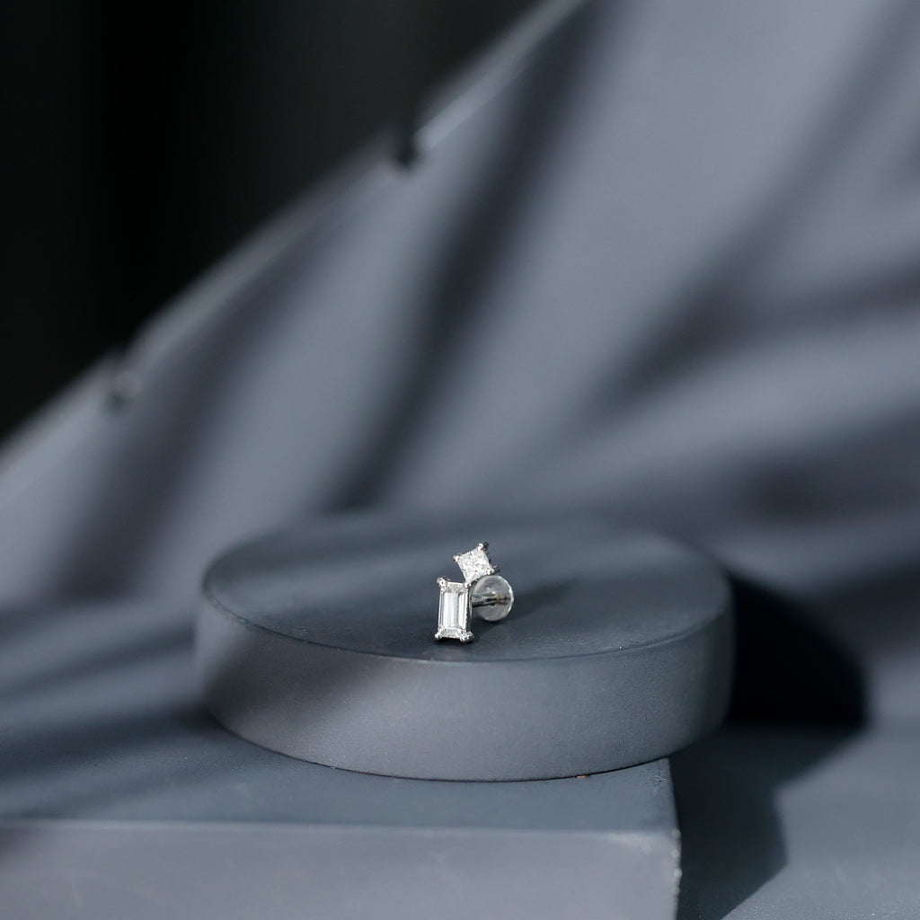 Baguette and Princess Cut Moissanite 2 Stone Helix Earring
