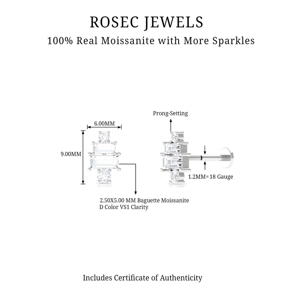 Baguette and Round Moissanite Designer Earring for Helix Piercing