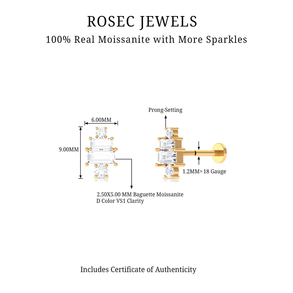 Baguette and Round Moissanite Designer Earring for Helix Piercing