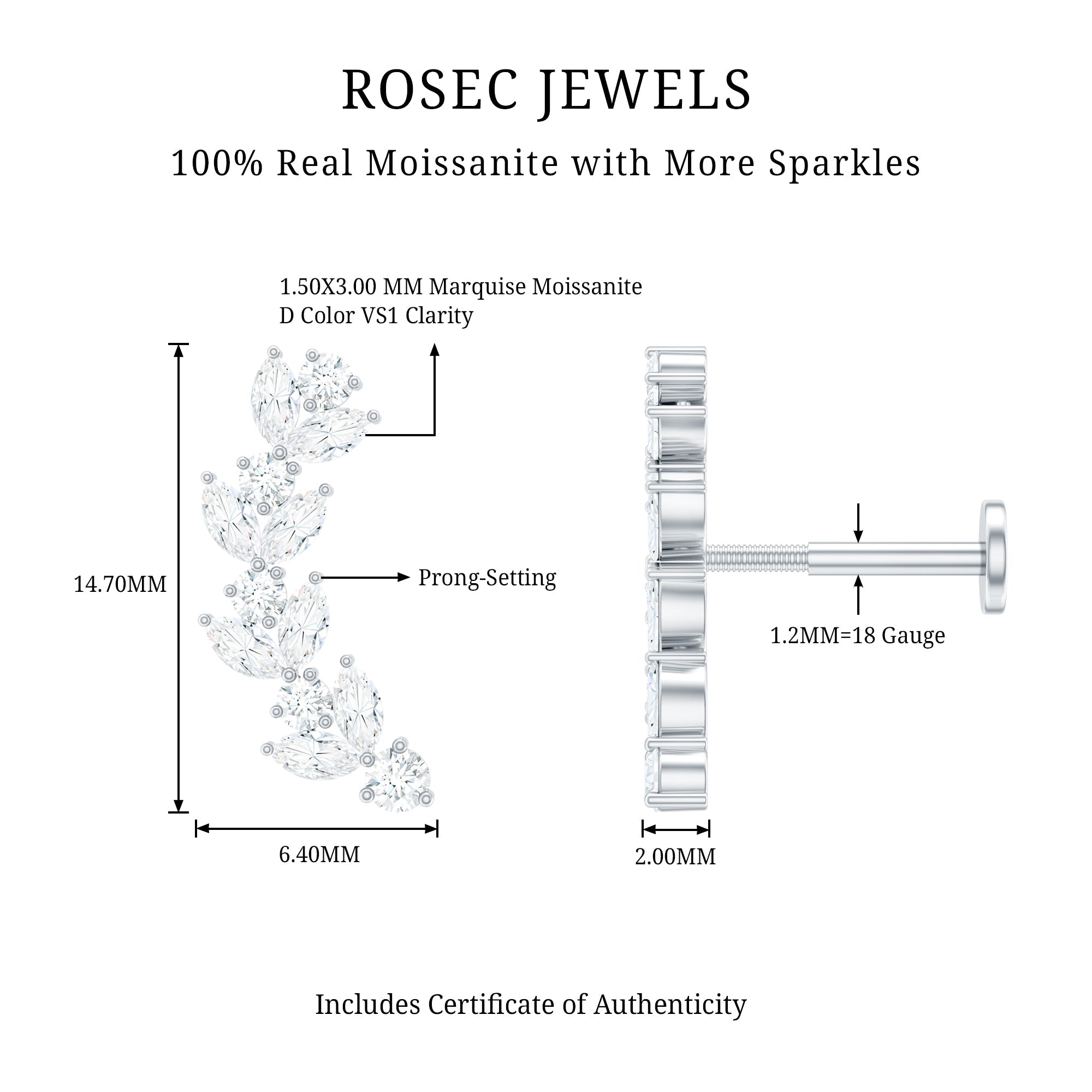 Marquise and Round Moissanite Leaf Helix Earring