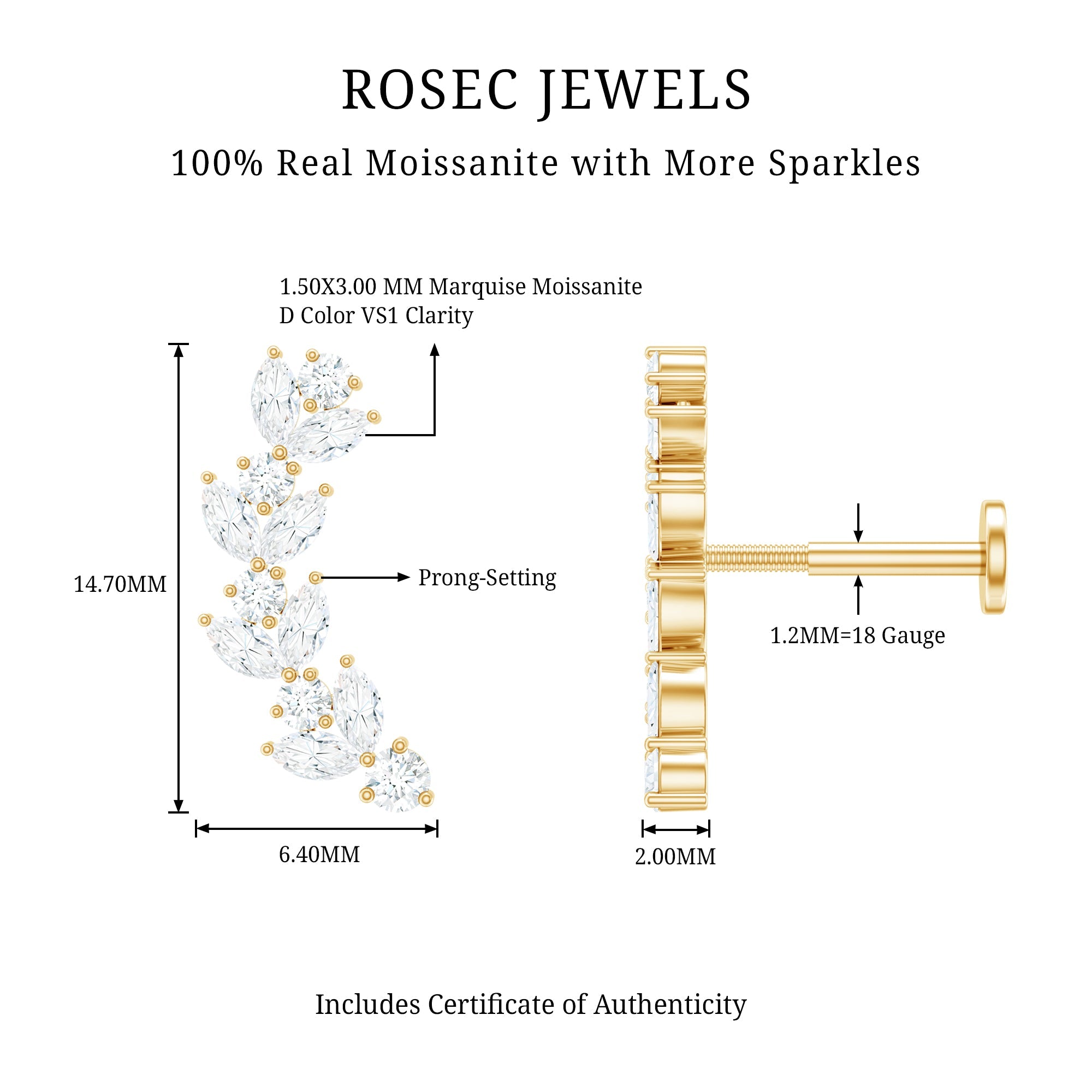 Marquise and Round Moissanite Leaf Helix Earring