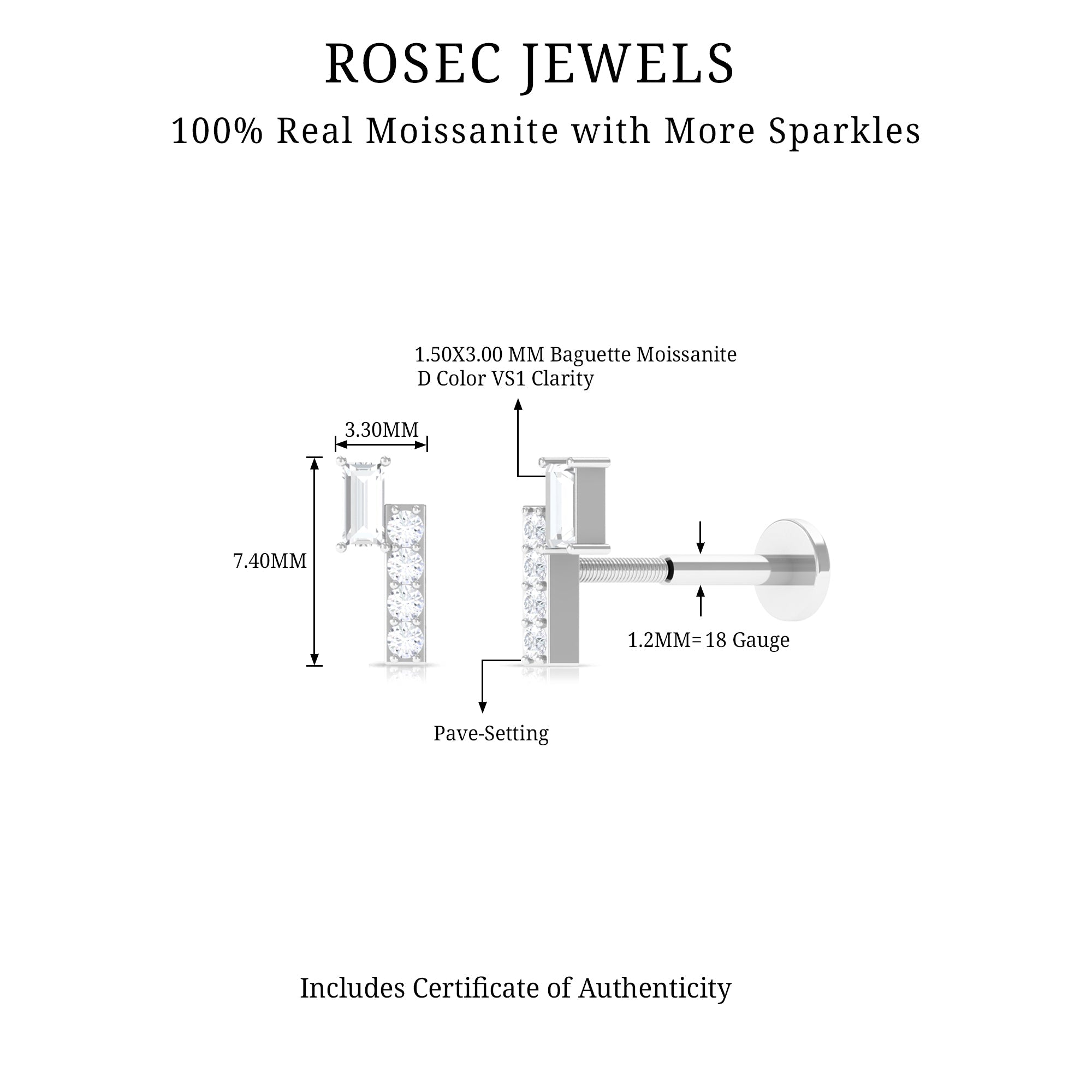 Moissanite Unique Bar Earring for Tragus Piercing