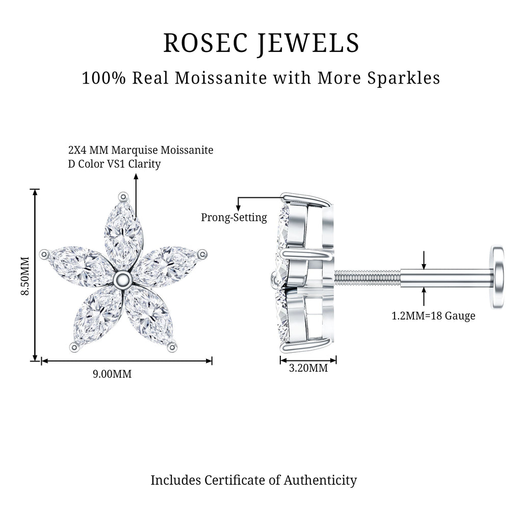 Marquise Cut Moissanite Floral Earring for Cartilage Piercing