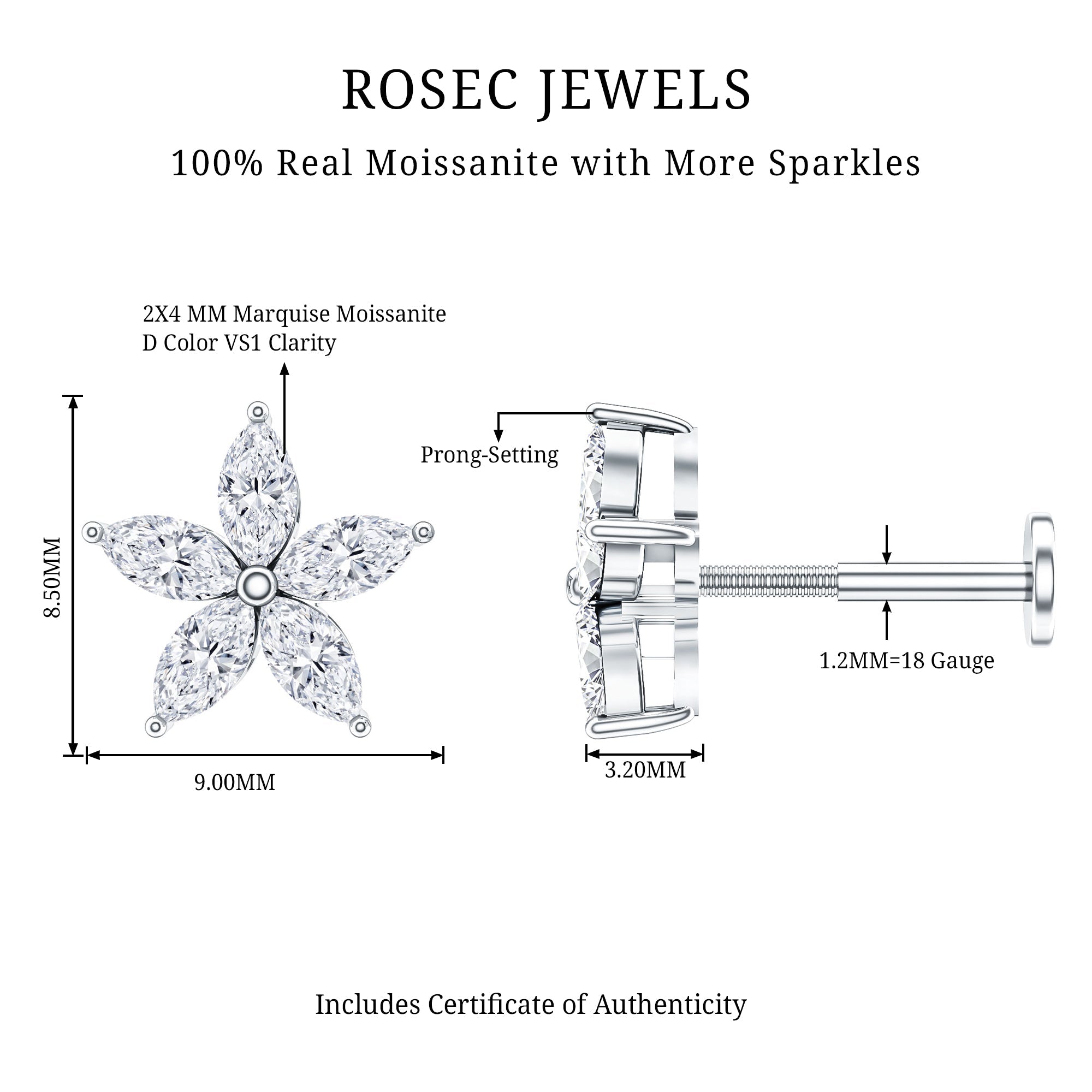 Marquise Cut Moissanite Floral Earring for Cartilage Piercing
