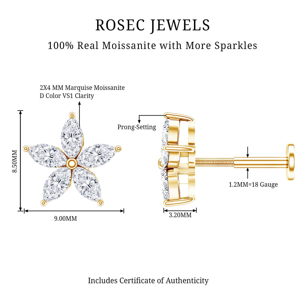 Marquise Cut Moissanite Floral Earring for Cartilage Piercing