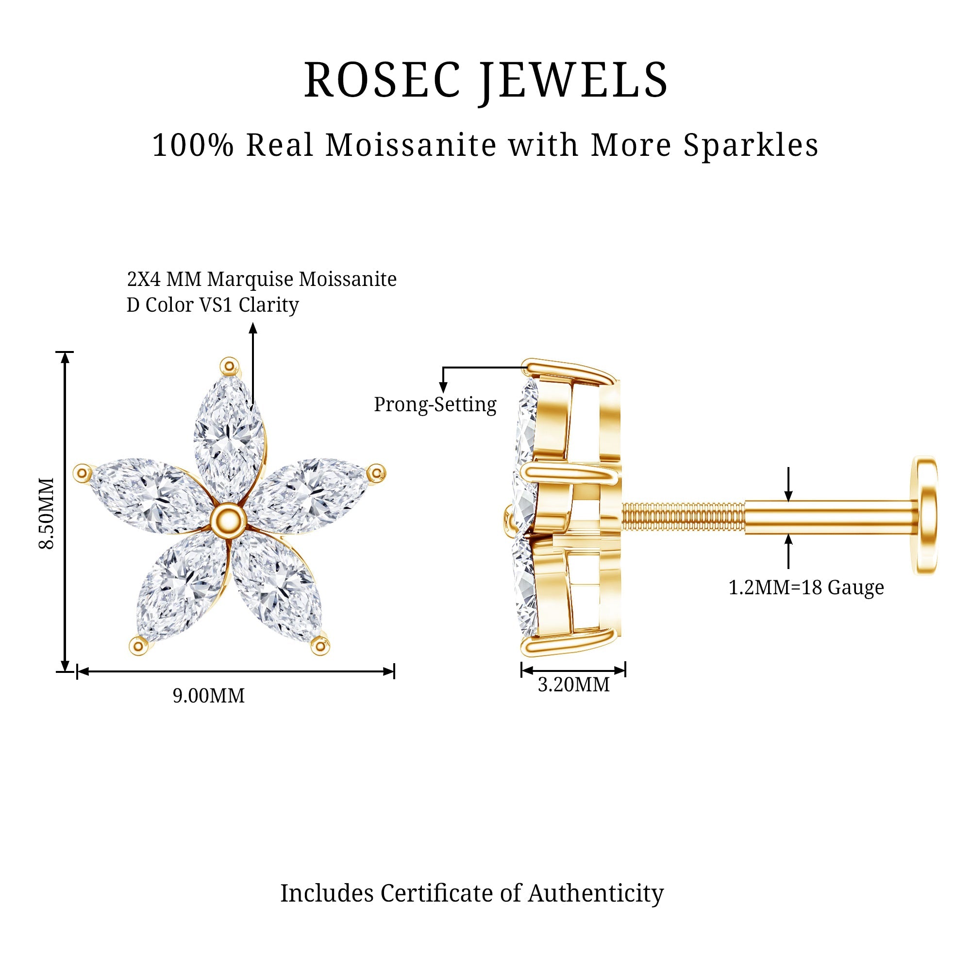 Marquise Cut Moissanite Floral Earring for Cartilage Piercing