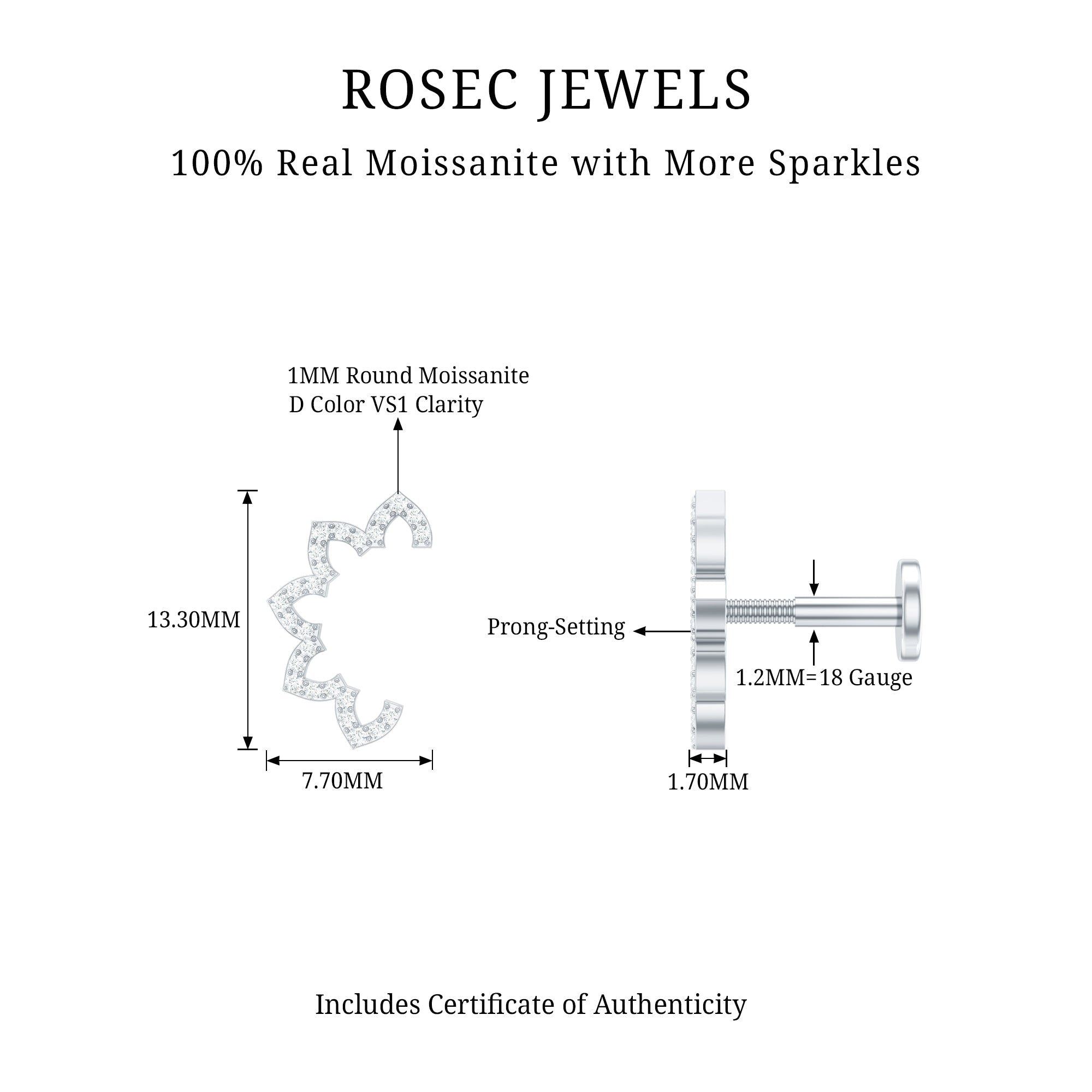 Certified Moissanite Designer Earring for Cartilage Piercing