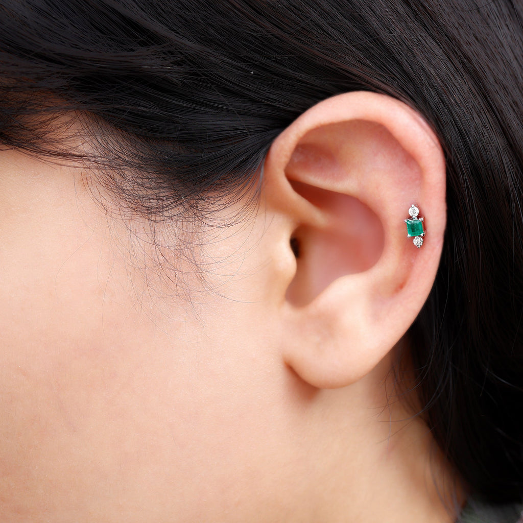 Natural Emerald and Lab Grown Diamond Helix Earring