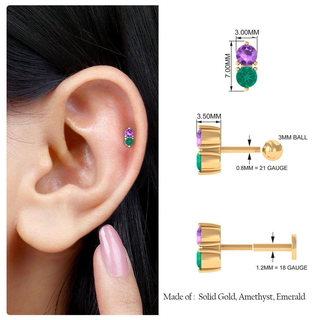 Real Amethyst and Emerald Earring for Helix Piercing