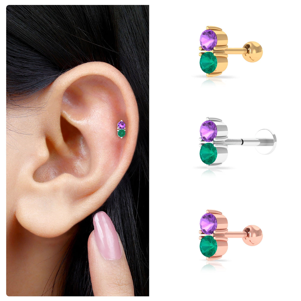 Real Amethyst and Emerald Earring for Helix Piercing