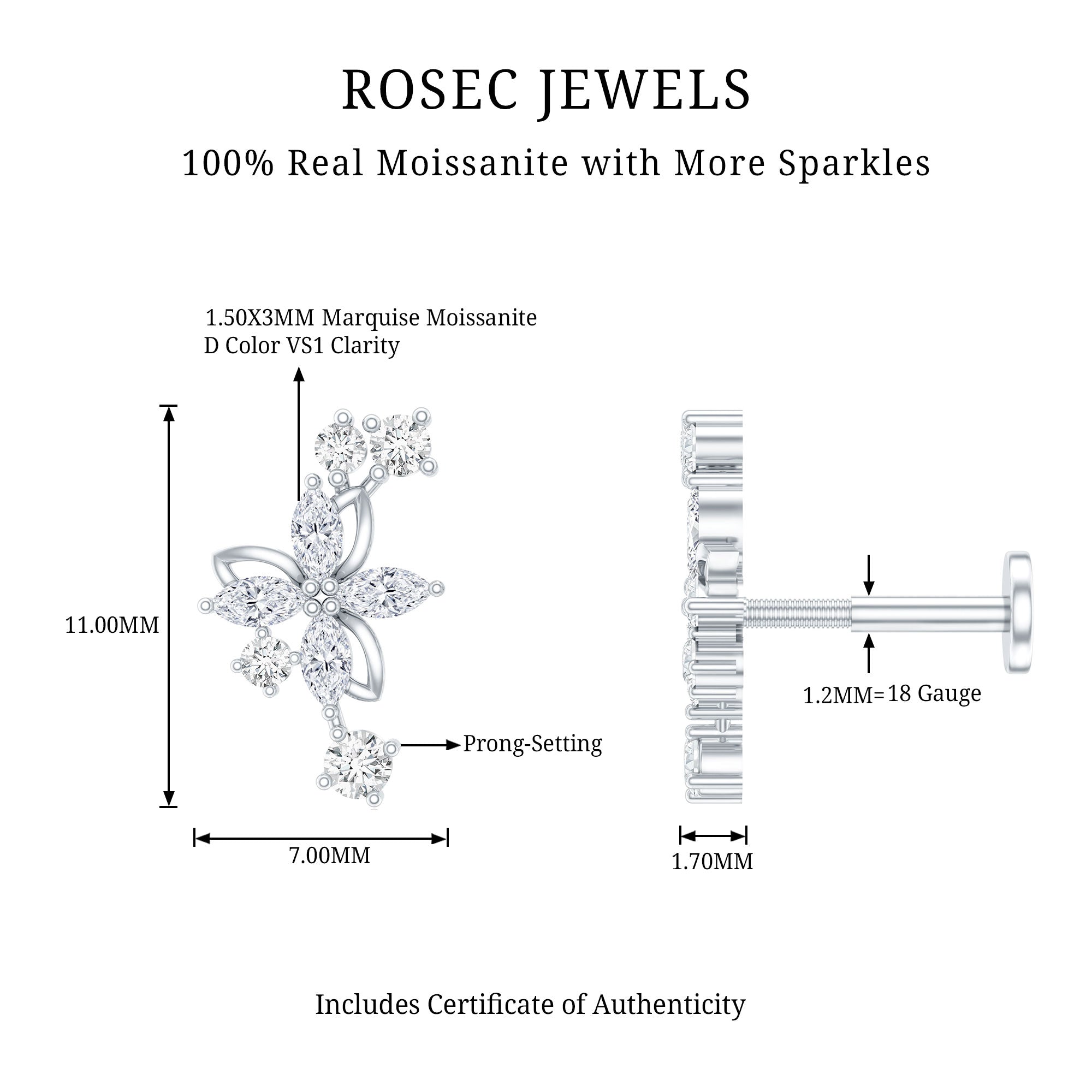 Certified Moissanite Flower Crawler Earring