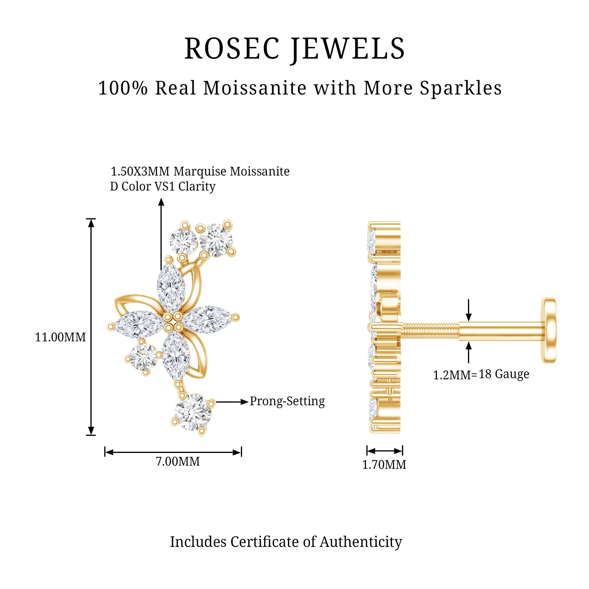 Certified Moissanite Flower Crawler Earring
