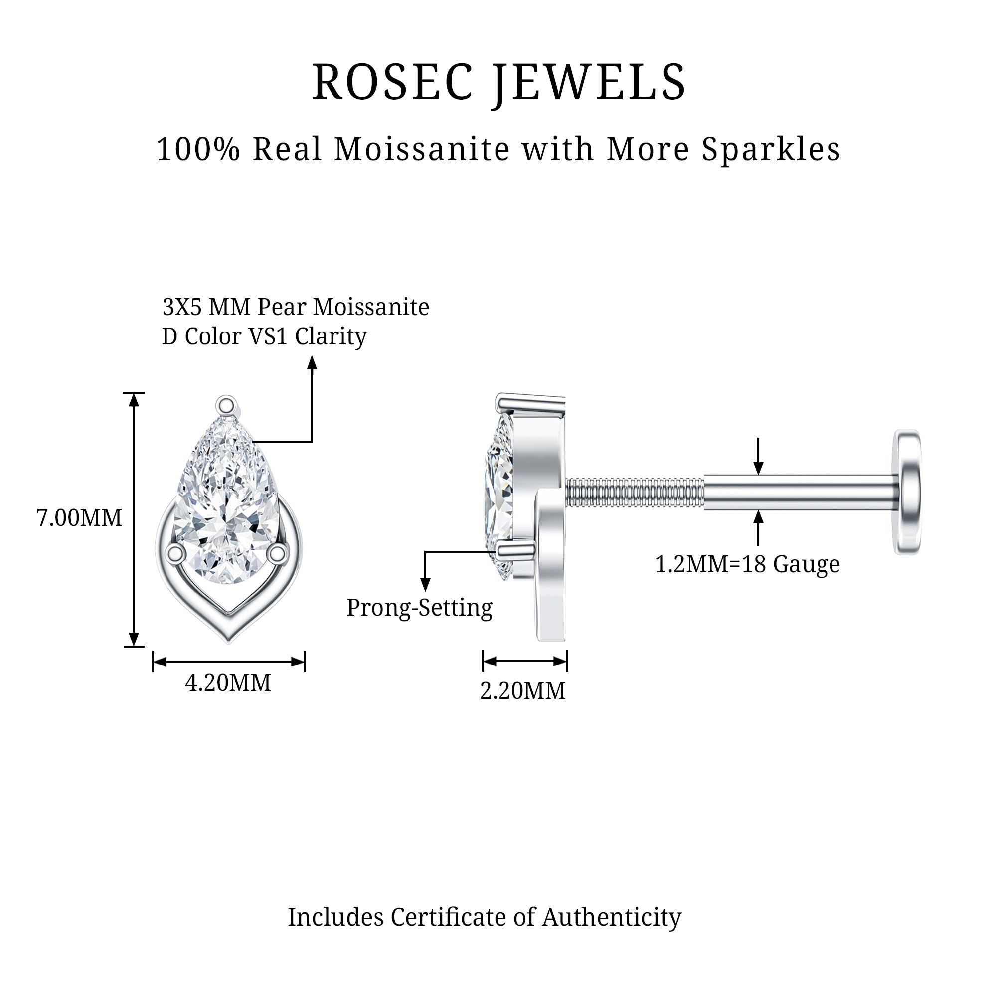 3X5MM Pear Shape Moissanite Solitaire Cartilage Earring