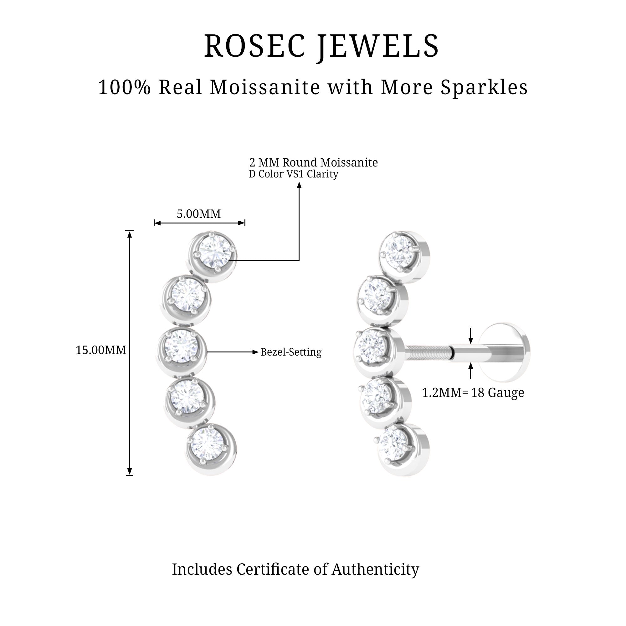 Round Moissanite Crawler Earring for Helix Piercing