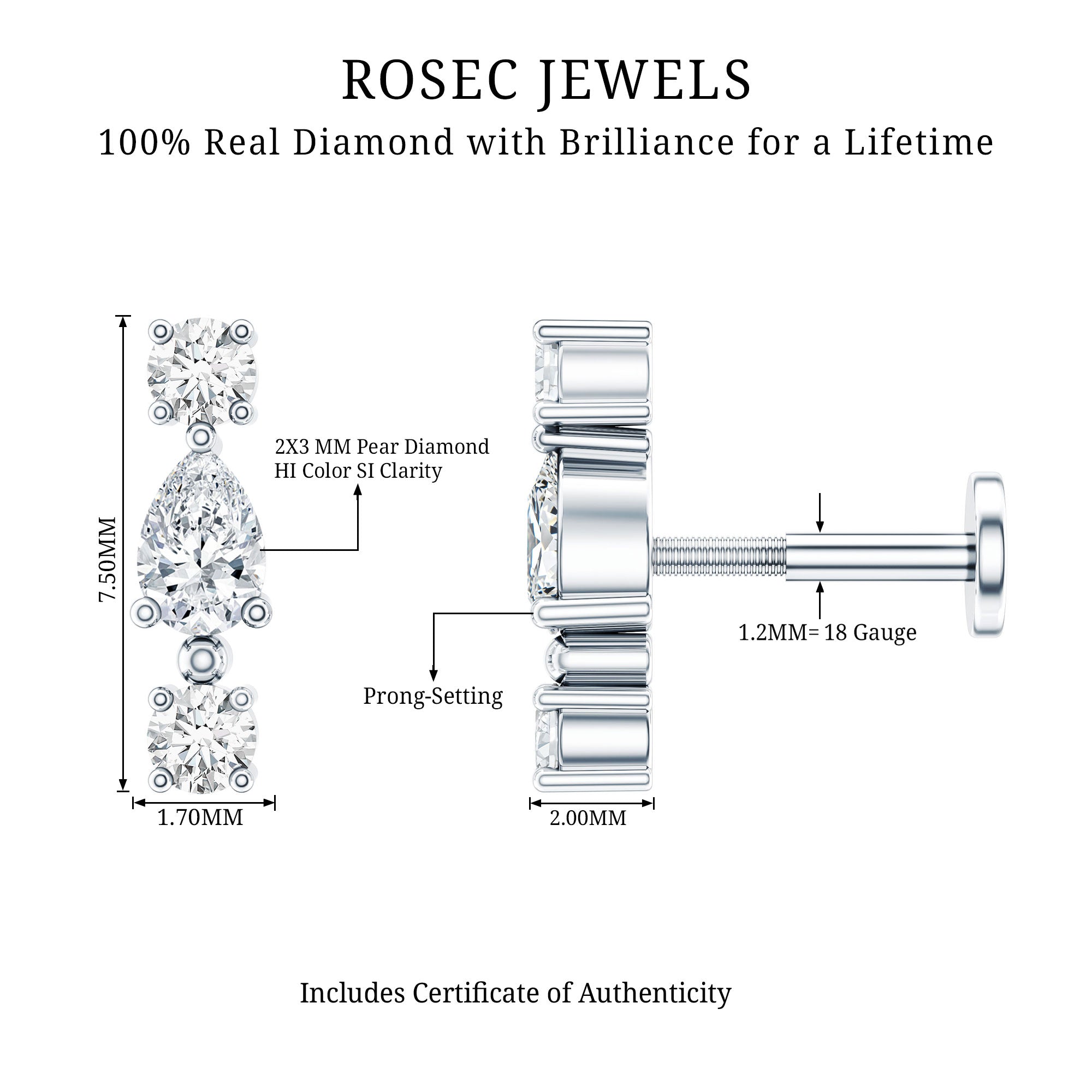Natural Three Diamond Cartilage Earring with Flat Back