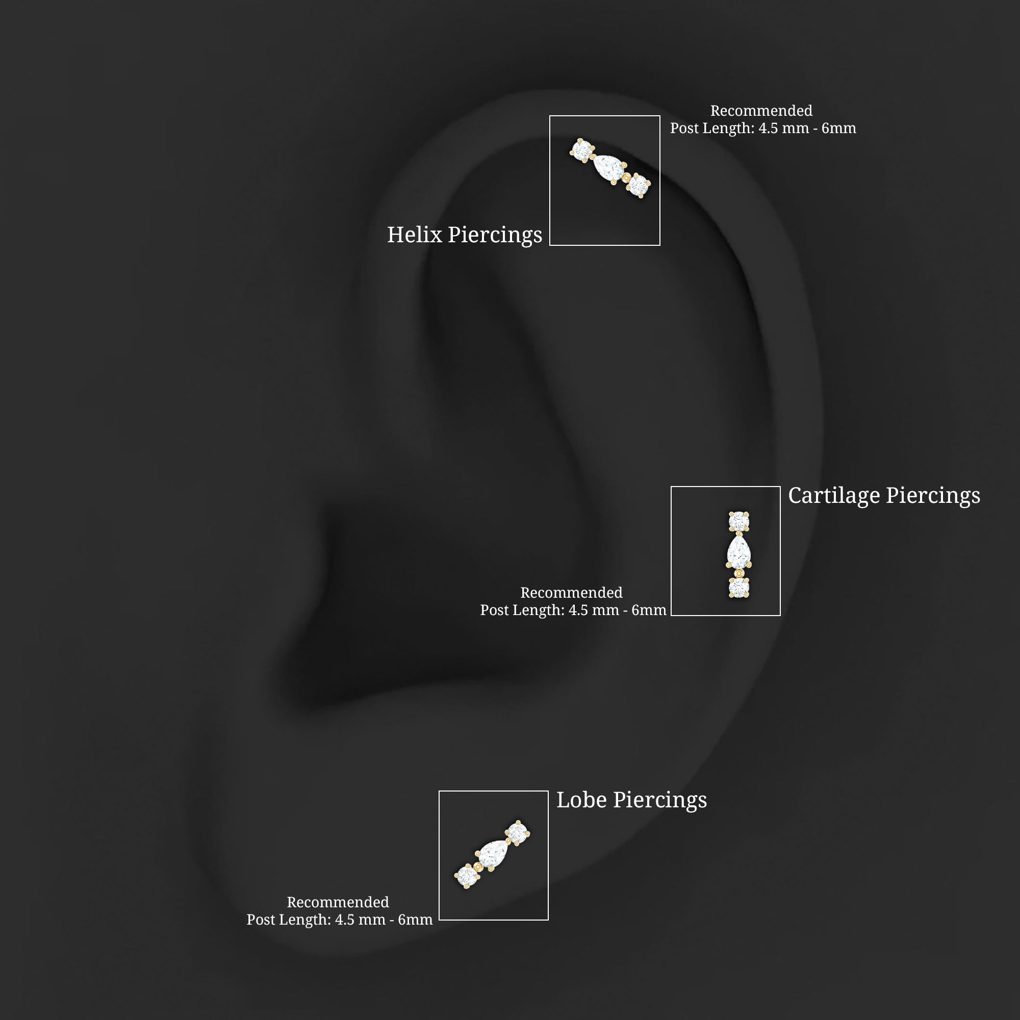 Natural Three Diamond Cartilage Earring with Flat Back