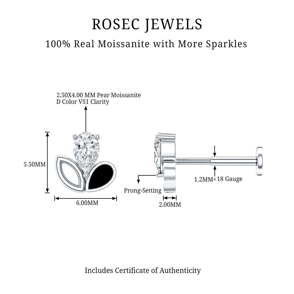 Pear Cut Moissanite Cartilage Earring with Black Enamel