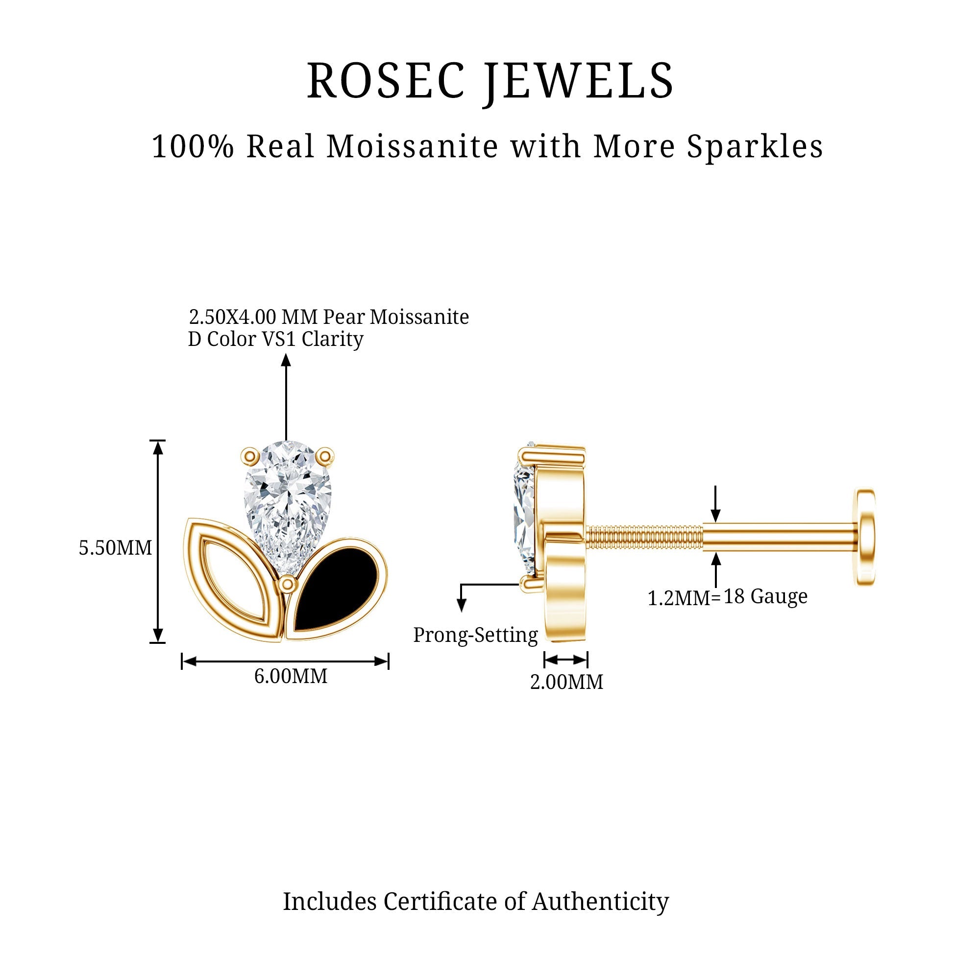 Pear Cut Moissanite Cartilage Earring with Black Enamel