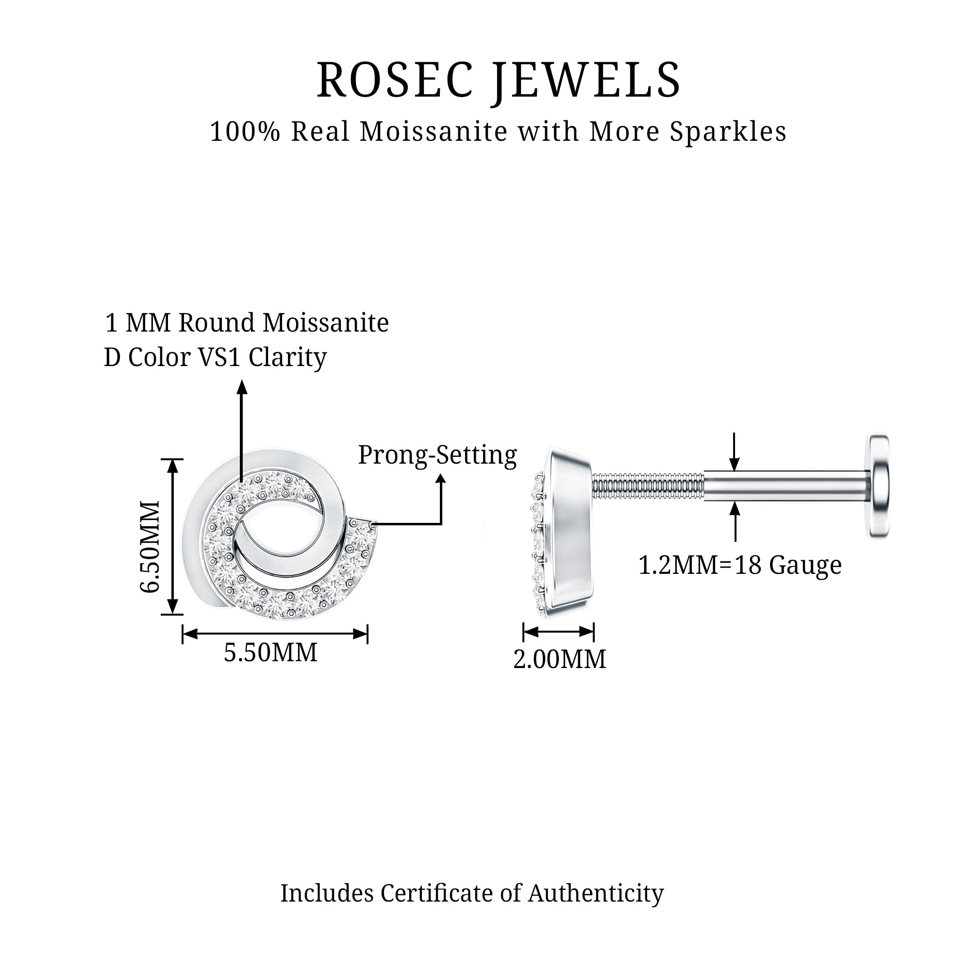 Moissanite Swirl Earring for Second Hole Piercing