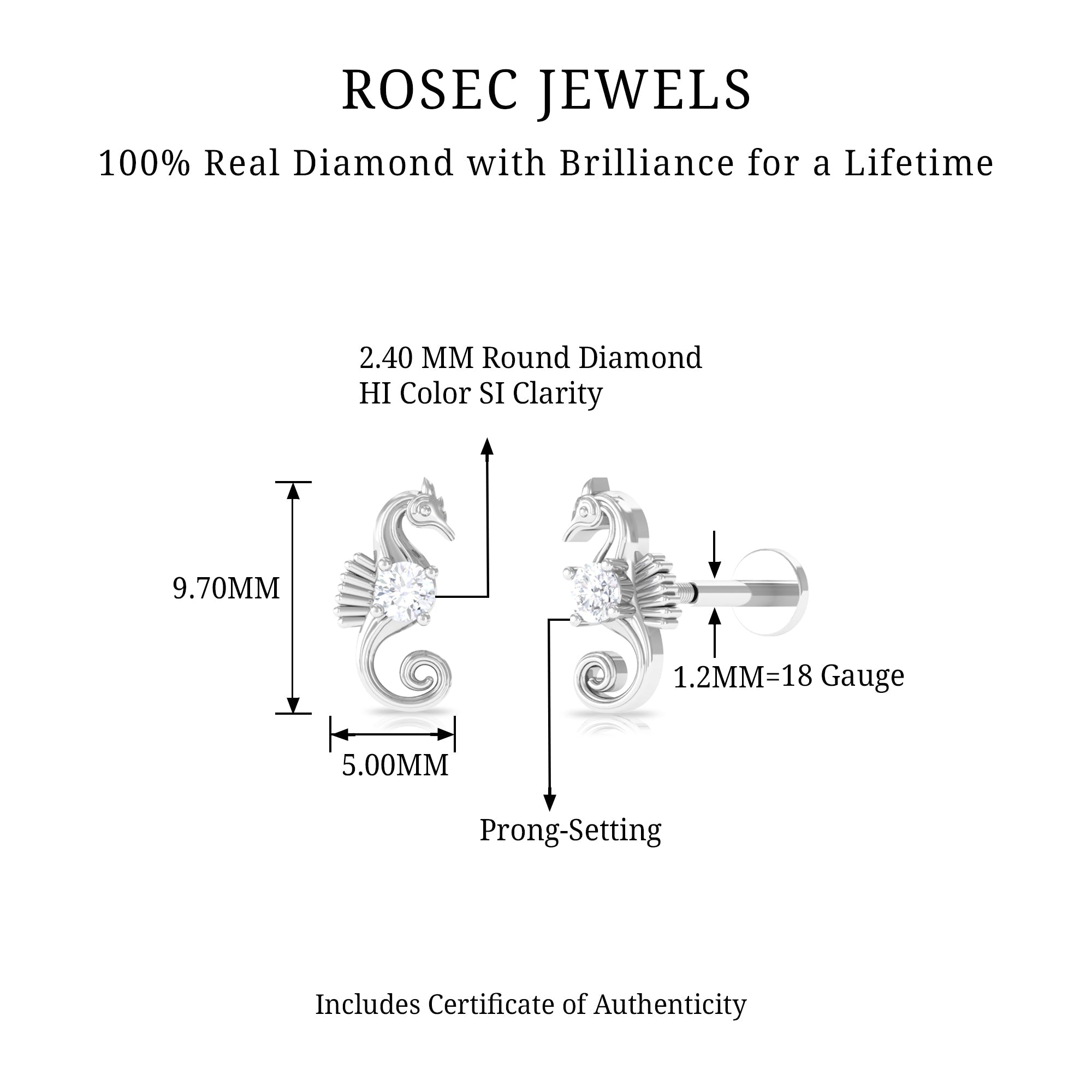 Real Diamond Cute Sea Horse Earring for Helix Piercing