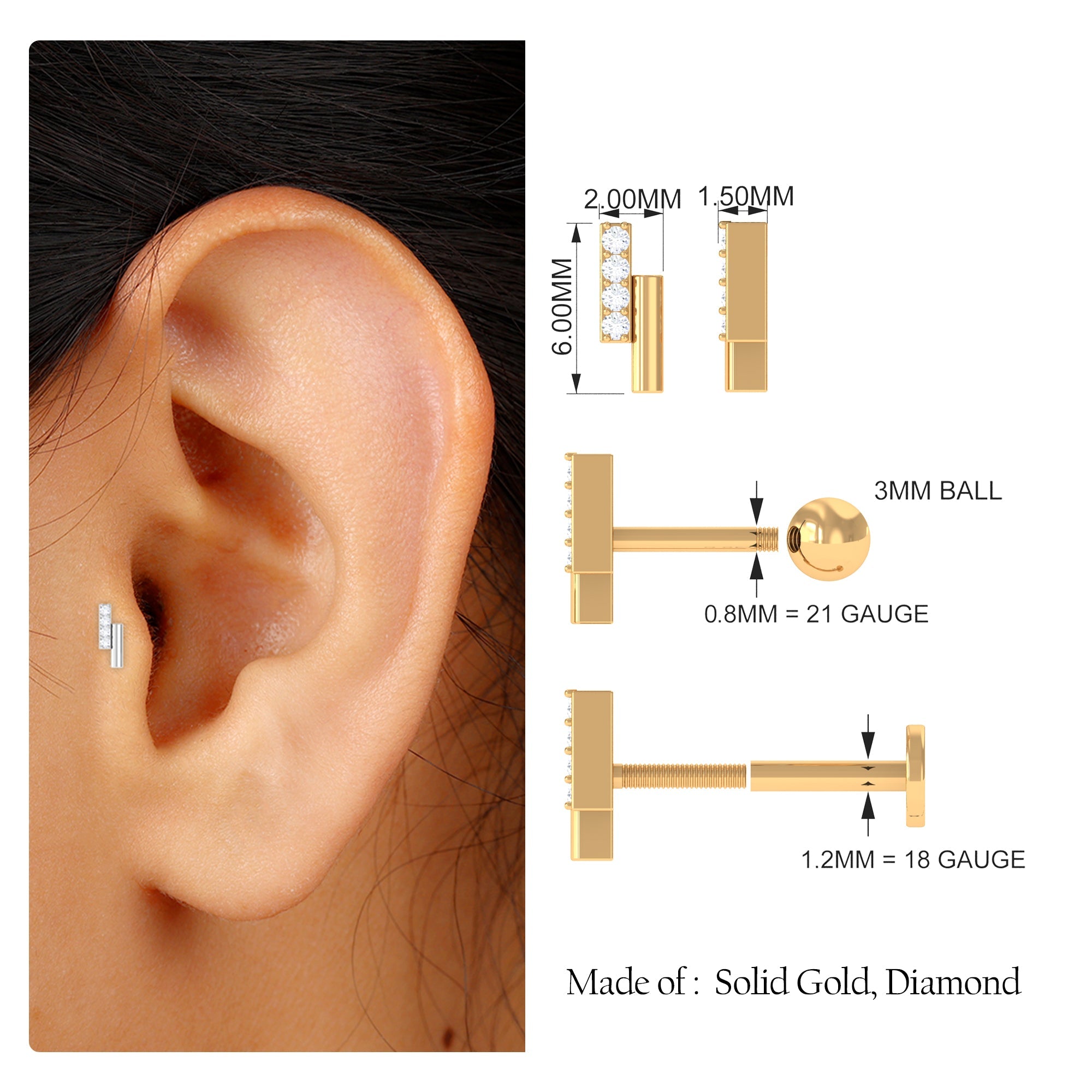 Minimalist Diamond Bar Tragus Earring
