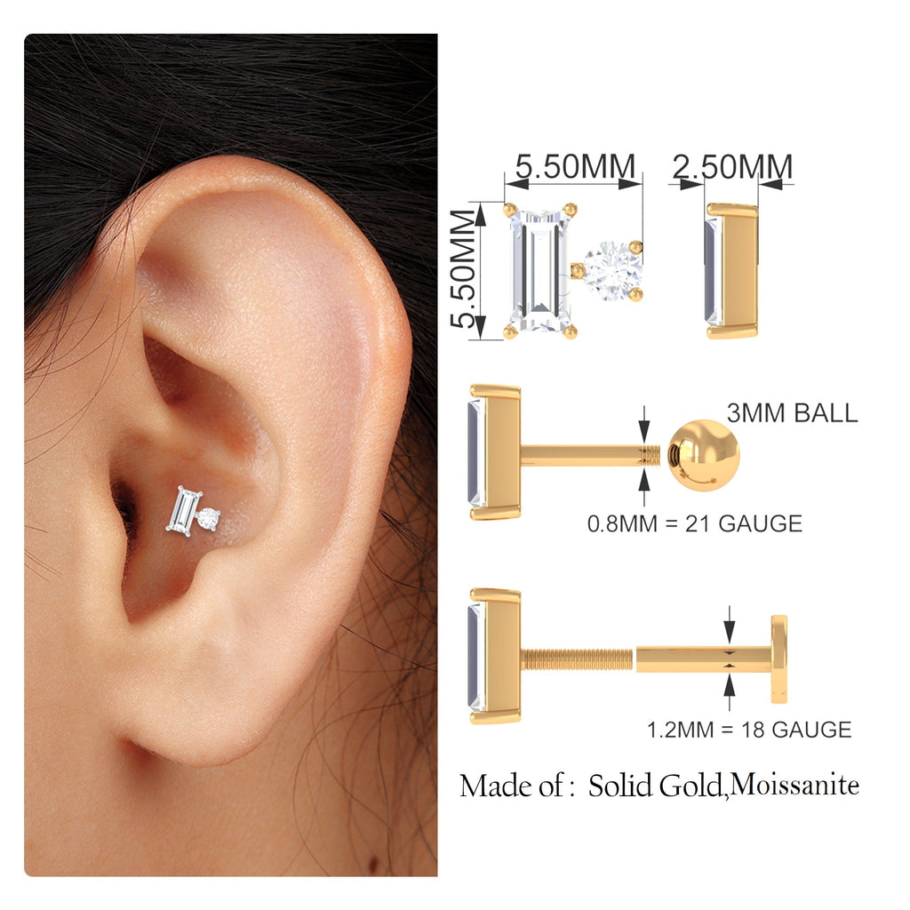 Baguette and Round Cut Moissanite Tragus Earring
