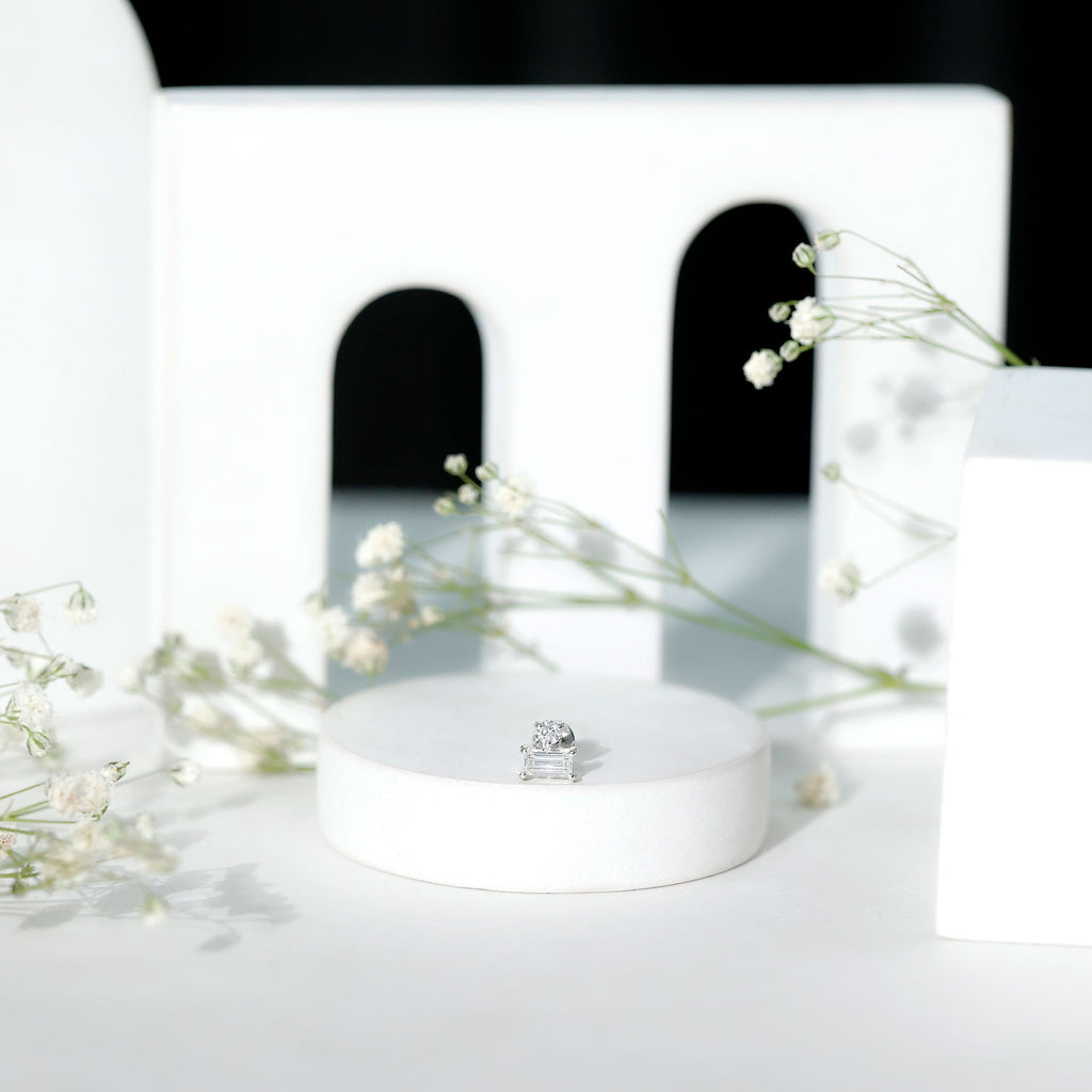 Baguette and Round Cut Moissanite Tragus Earring