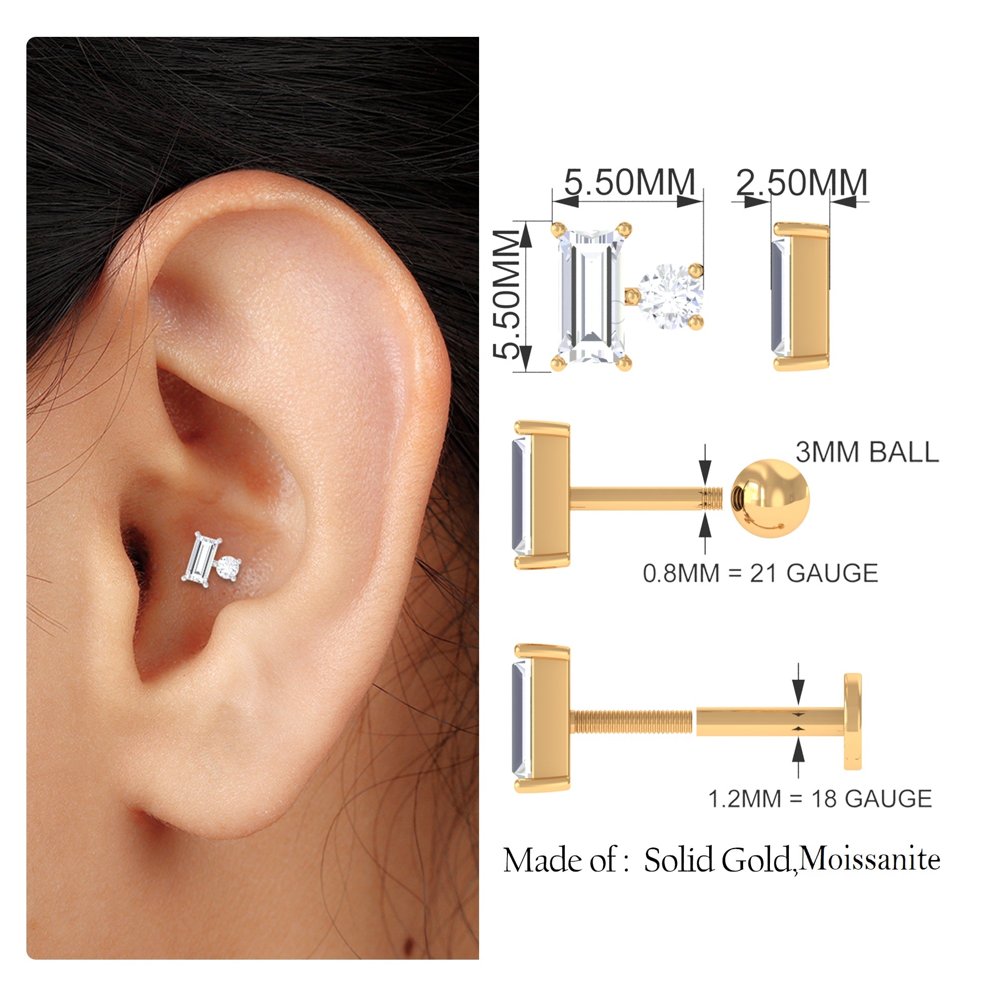 Baguette and Round Cut Moissanite Tragus Earring