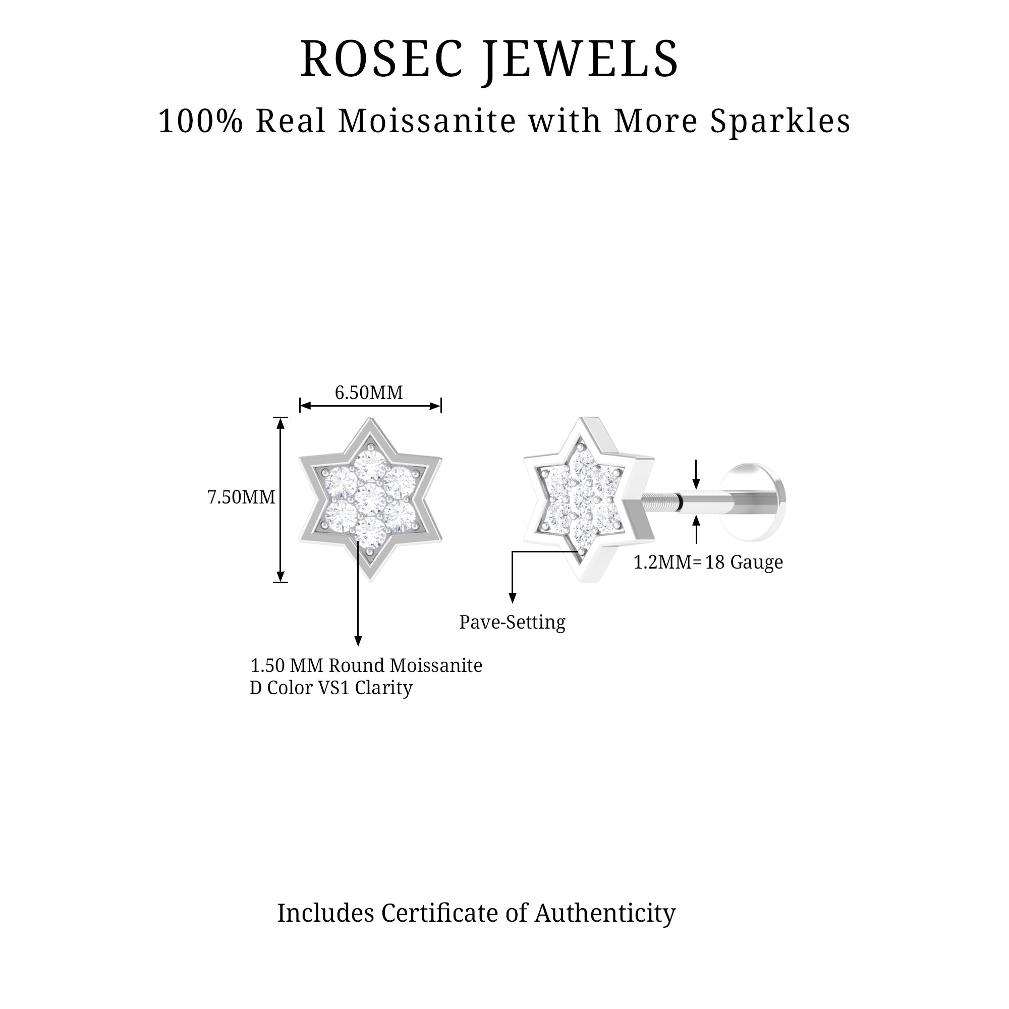 Round Moissanite Star Earring for Cartilage Piercing