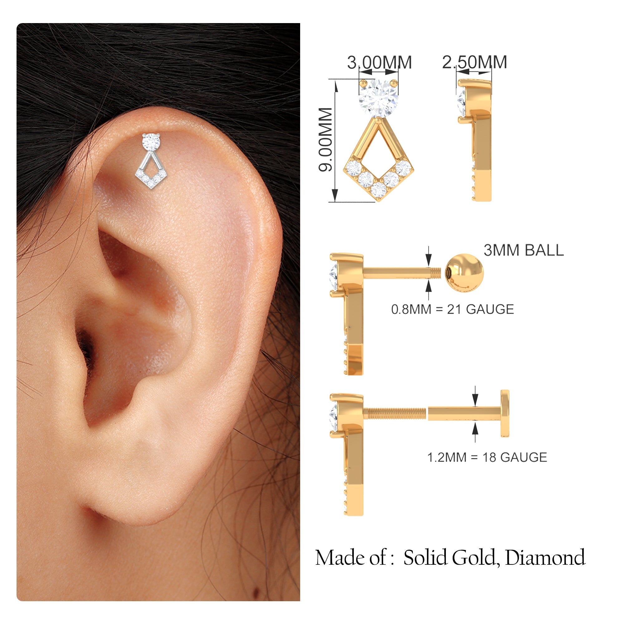 Certified Moissanite Geometric Earring for Tragus Piercing
