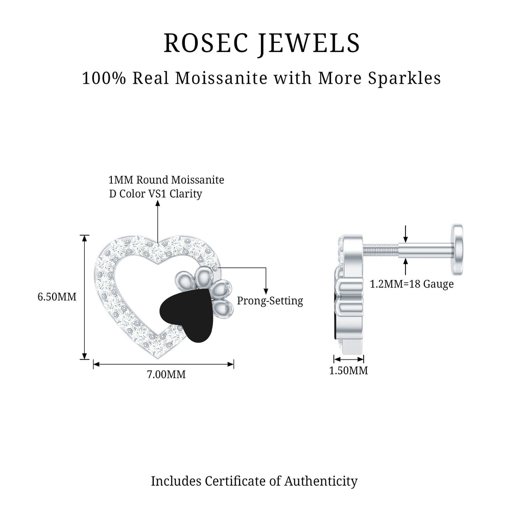 Certified Moissanite Paw and Heart Cartilage Earring with Enamel