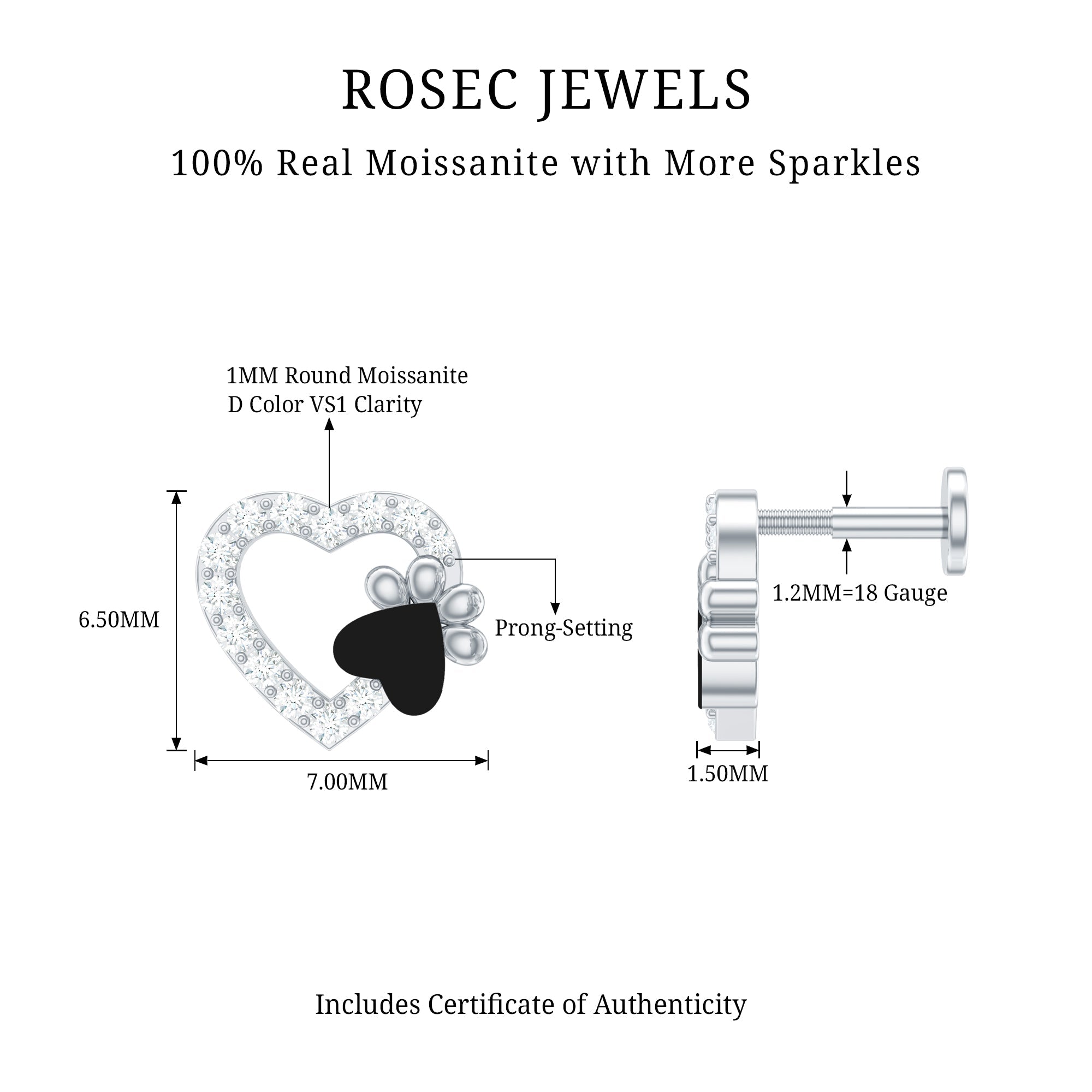 Certified Moissanite Paw and Heart Cartilage Earring with Enamel