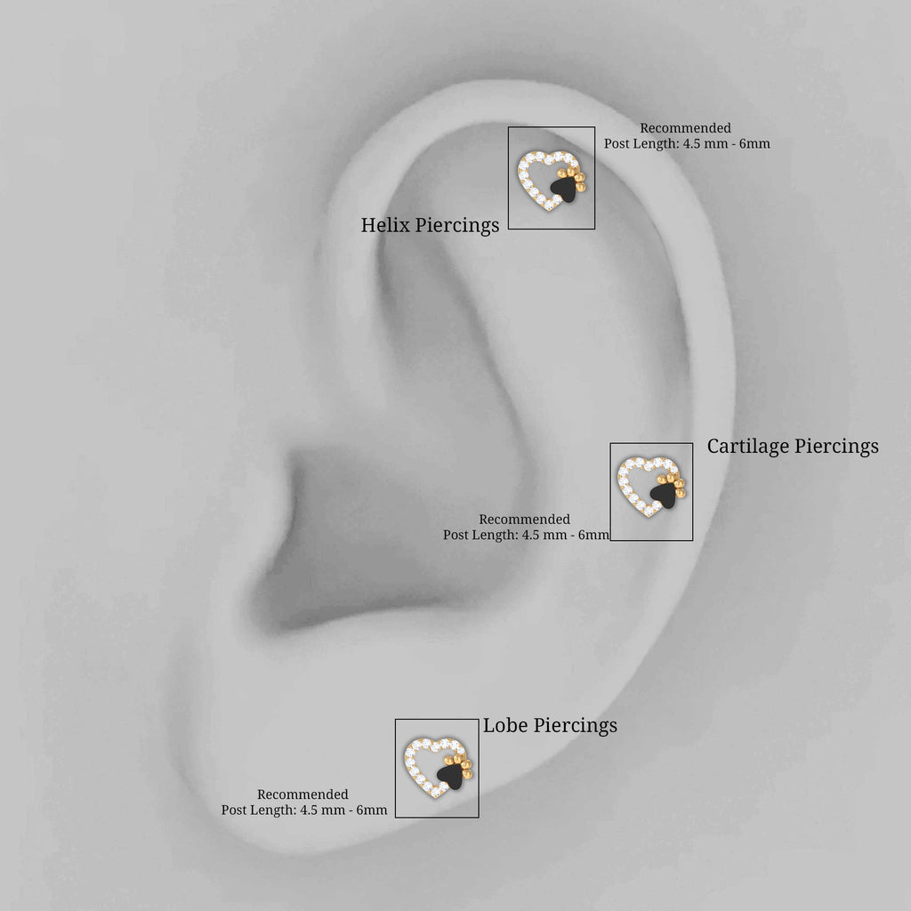 Certified Moissanite Paw and Heart Cartilage Earring with Enamel