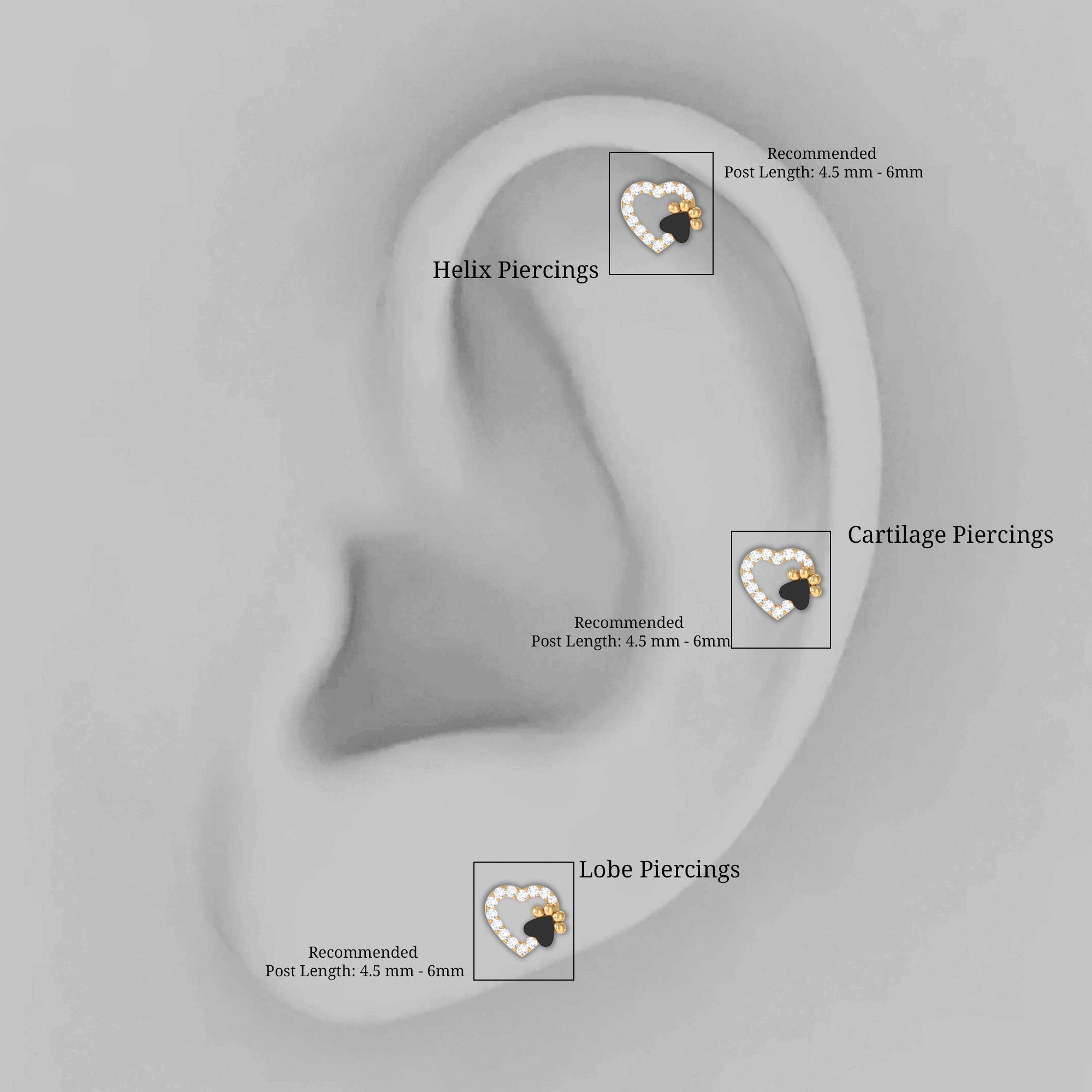 Certified Moissanite Paw and Heart Cartilage Earring with Enamel