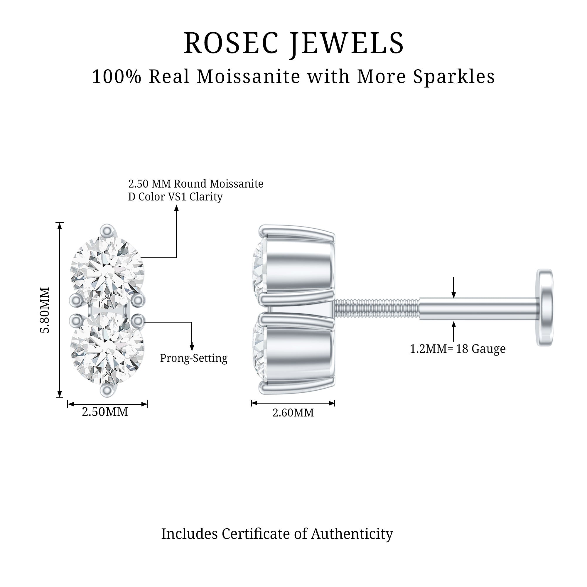 Minimalist Moissanite 2 Stone Earring for Tragus Piercing
