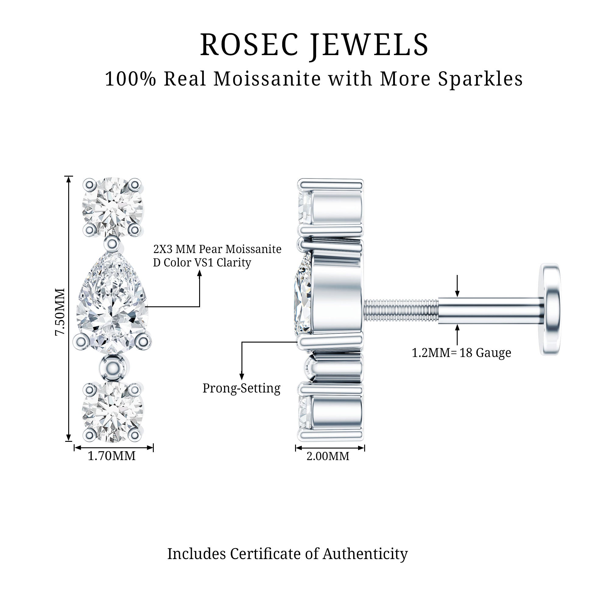 Certified Moissanite 3 Stone Tragus Earring