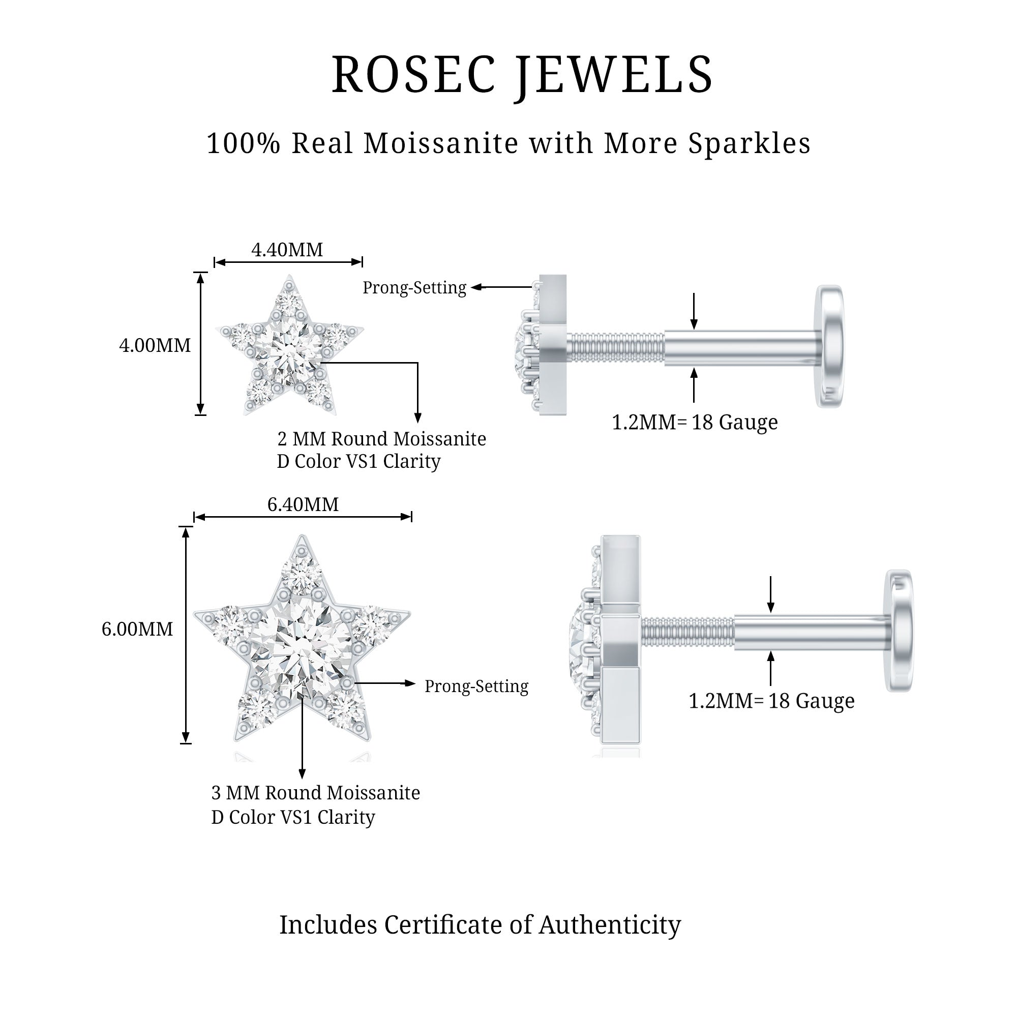Moissanite Star Earring for Helix Piercing