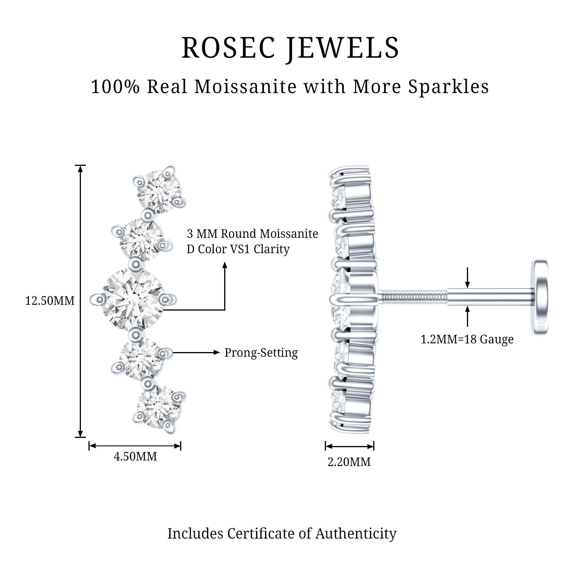 Certified Moissanite Curved Crawler Earring with Flat Back