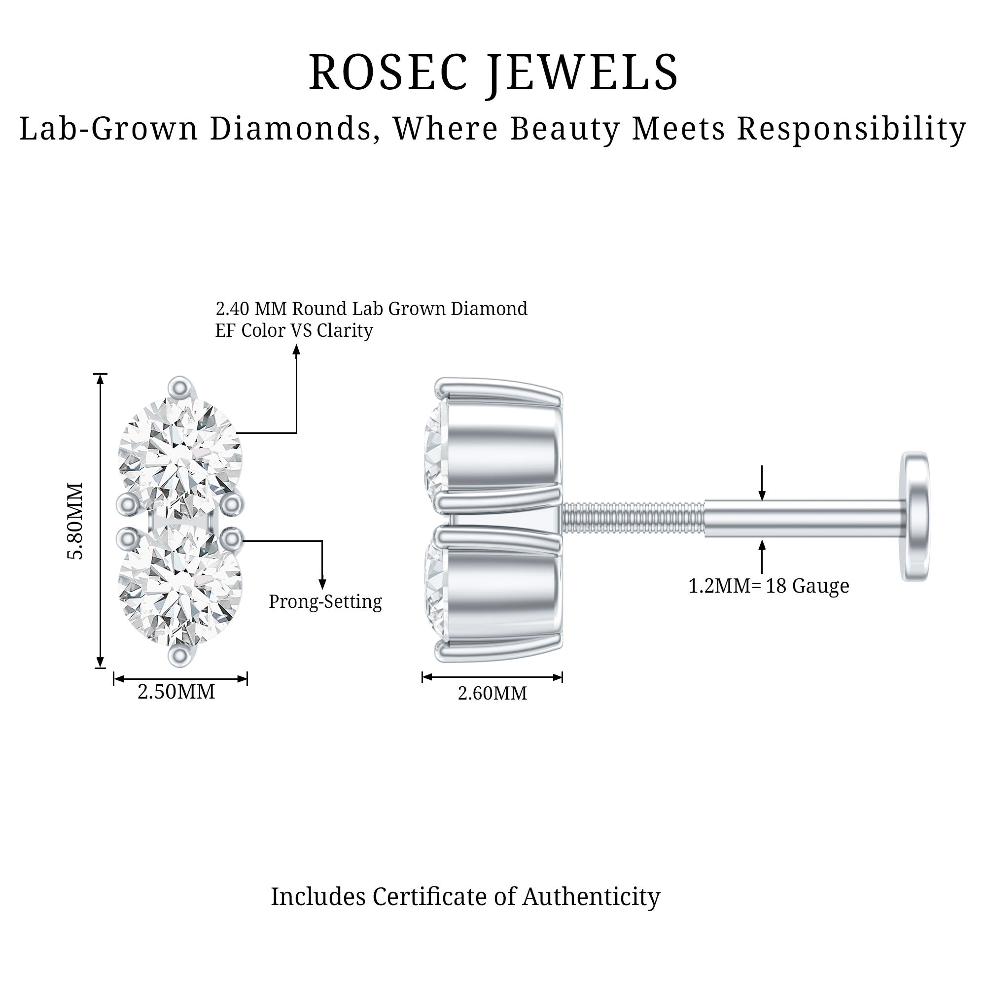 Natural Diamond 2 Stone Earring for Tragus Piercing