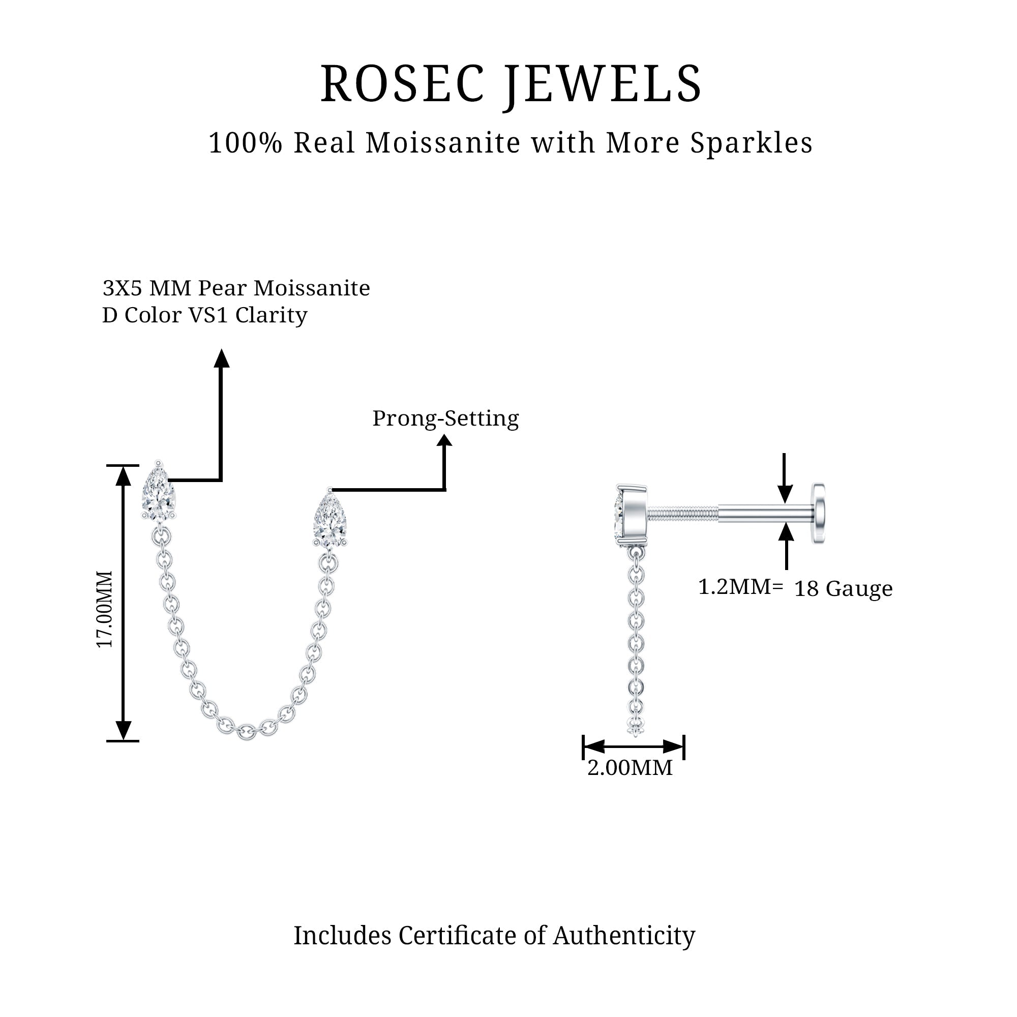 Pear Moissanite Double Piercing Earring with Dangling Chain