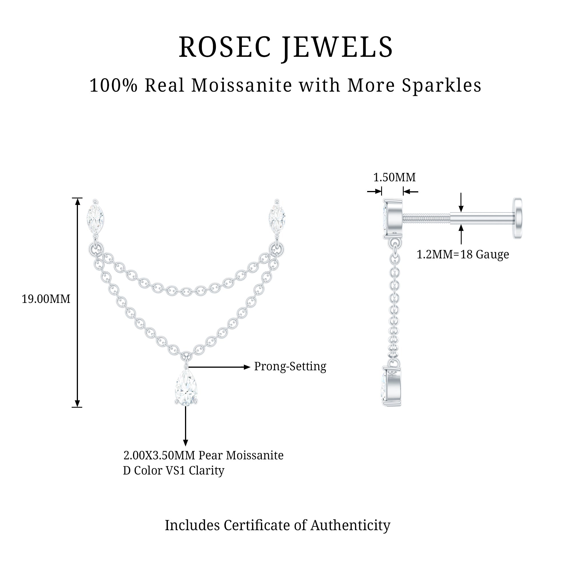 Moissanite Double Chain Earring for Helix Piercing