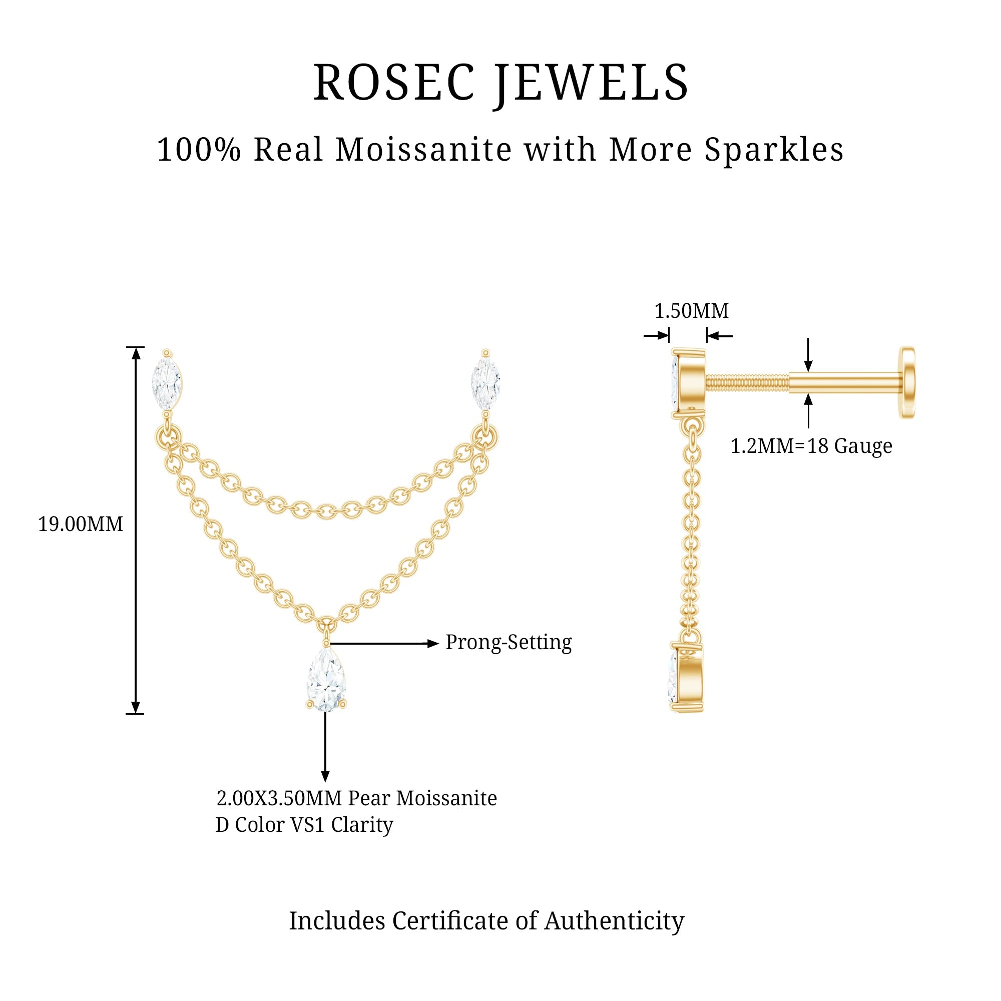 Moissanite Double Chain Earring for Helix Piercing