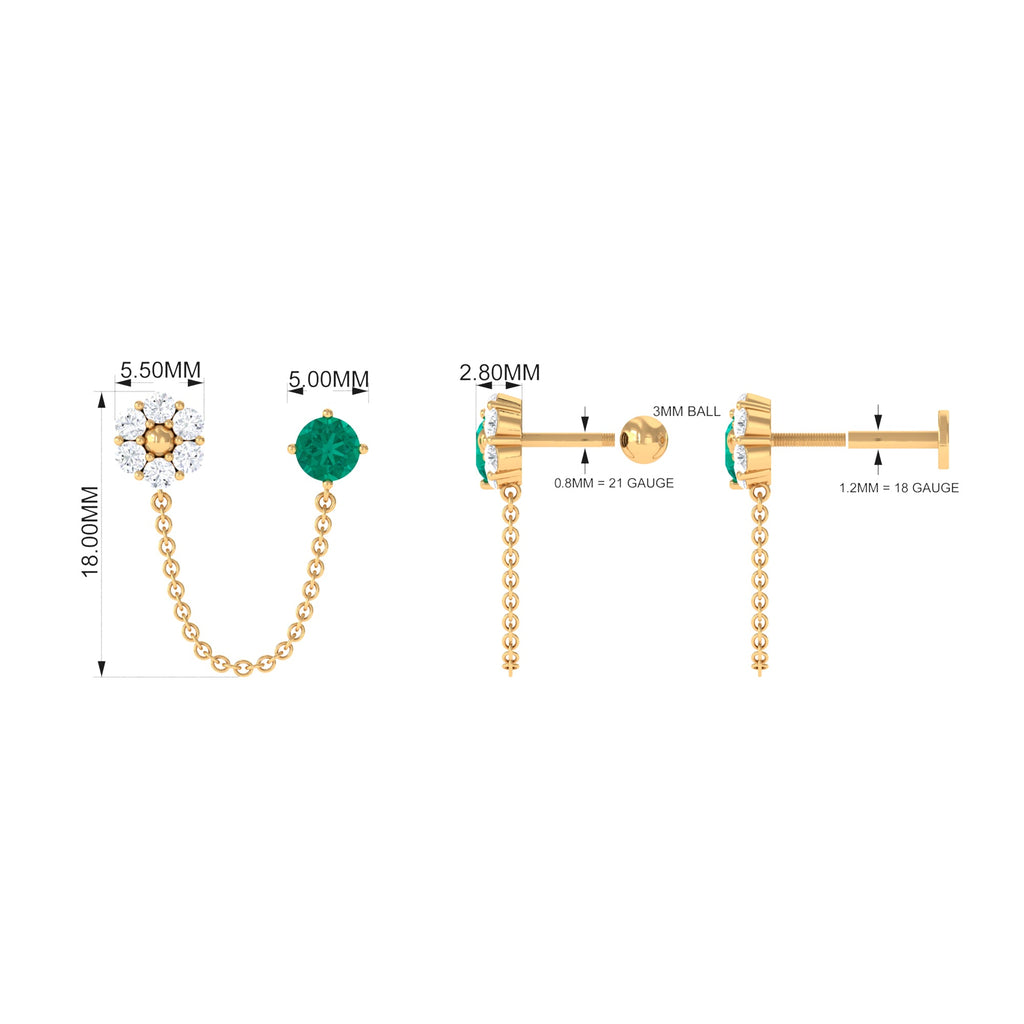 Emerald and Diamond Floral Double Piercing Earring with Chain