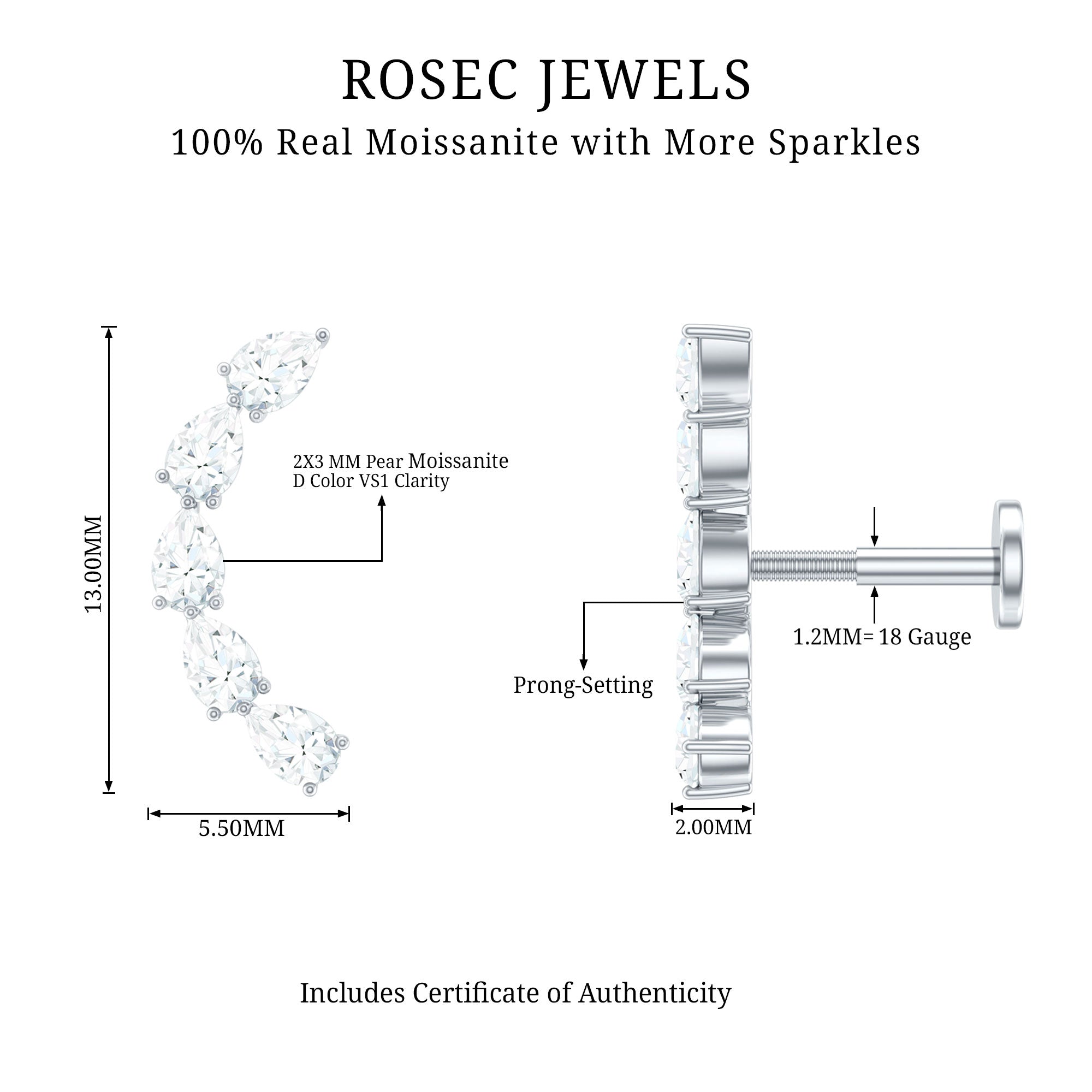 Certified Pear Cut Moissanite Ear Crawler Earring