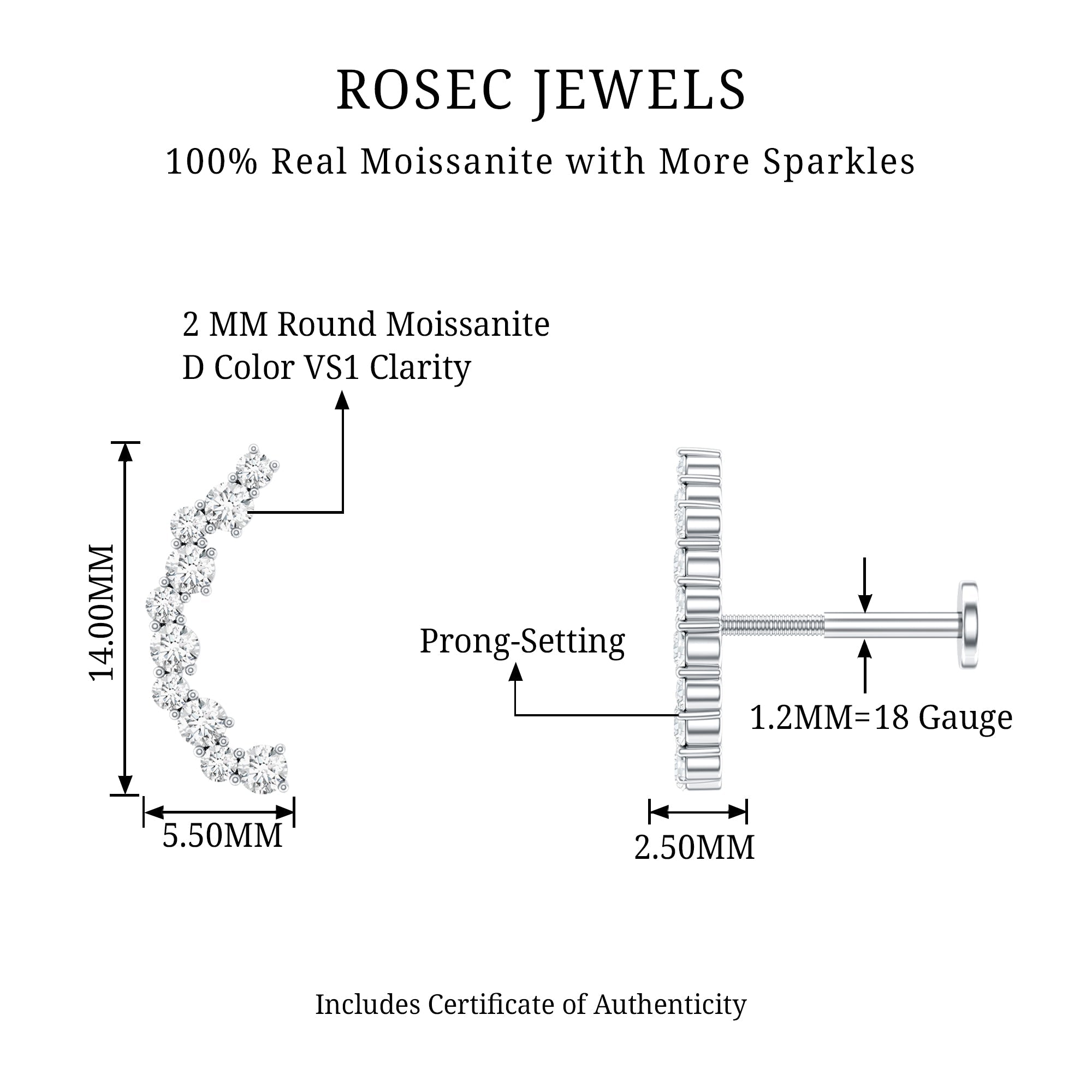 Round Cut Moissanite Ear Crawler Earring for Helix Piercing