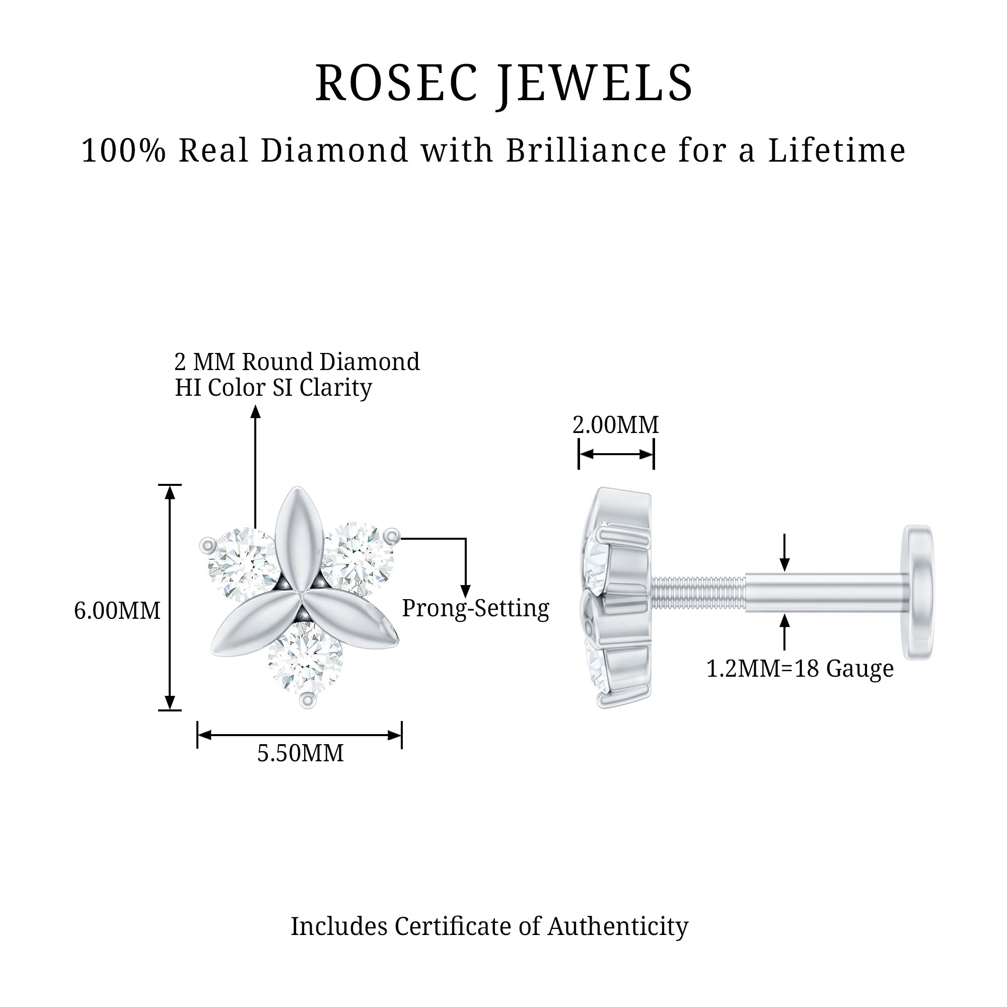 Brilliant Cut Diamond Floral Earring for Conch Piercing
